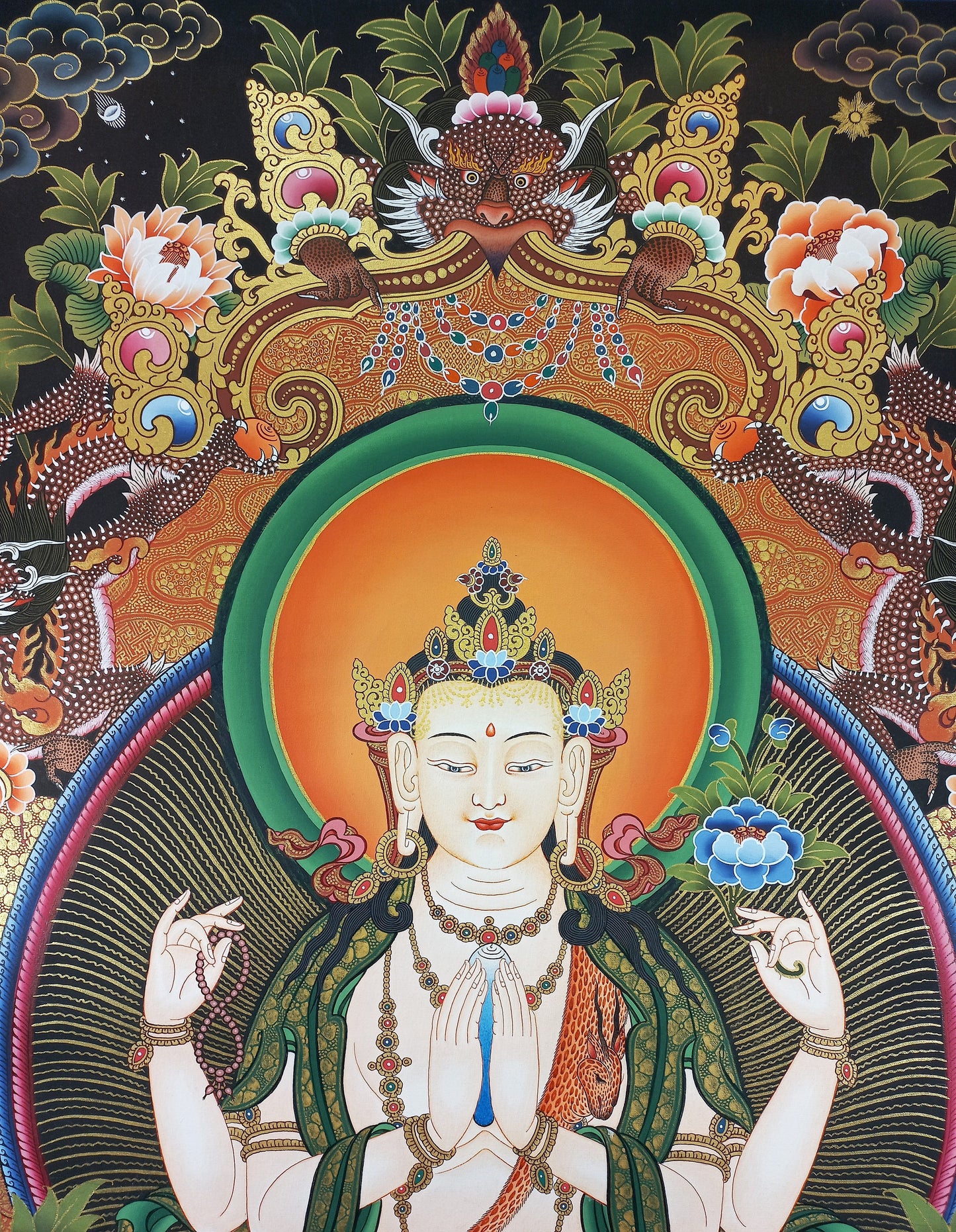 Hand Painted Chenrezig Large Thangka: Compassion Buddha, Tibetan Art