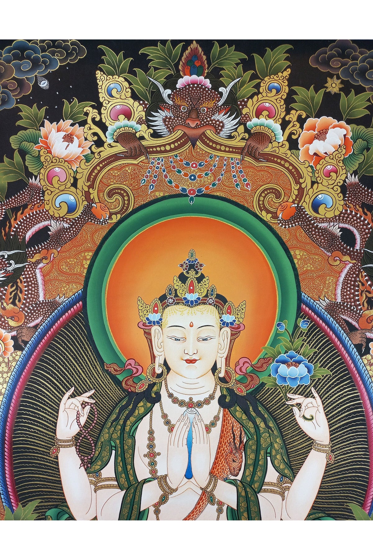 Hand Painted Chenrezig Large Thangka: Compassion Buddha, Tibetan Art