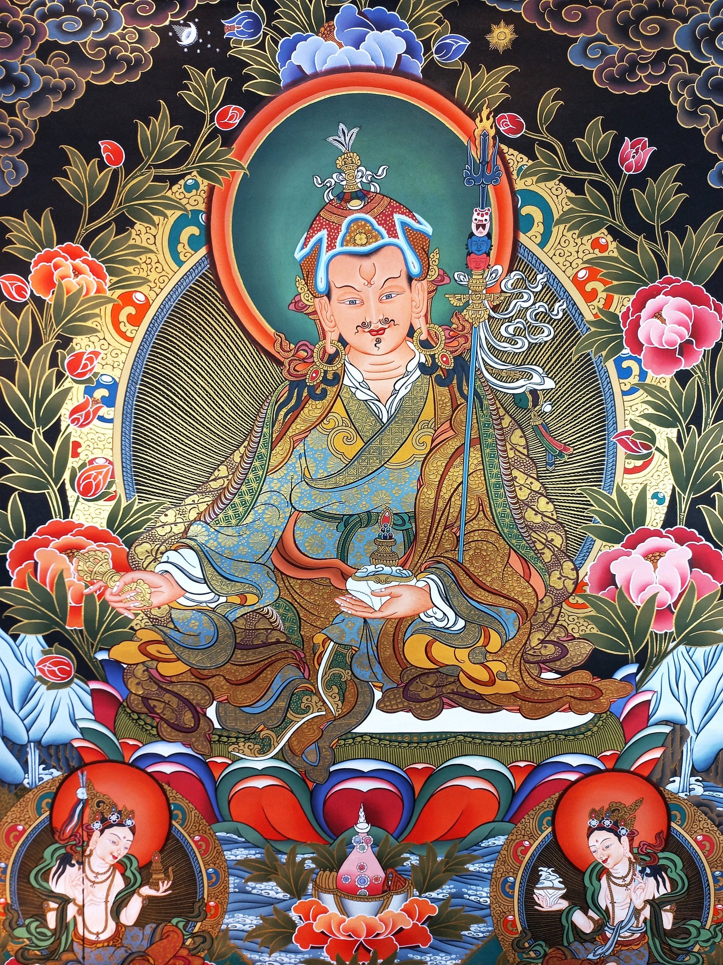 Hand-Painted Guru Rinpoche Thangka Painting: Gold Tibetan Art