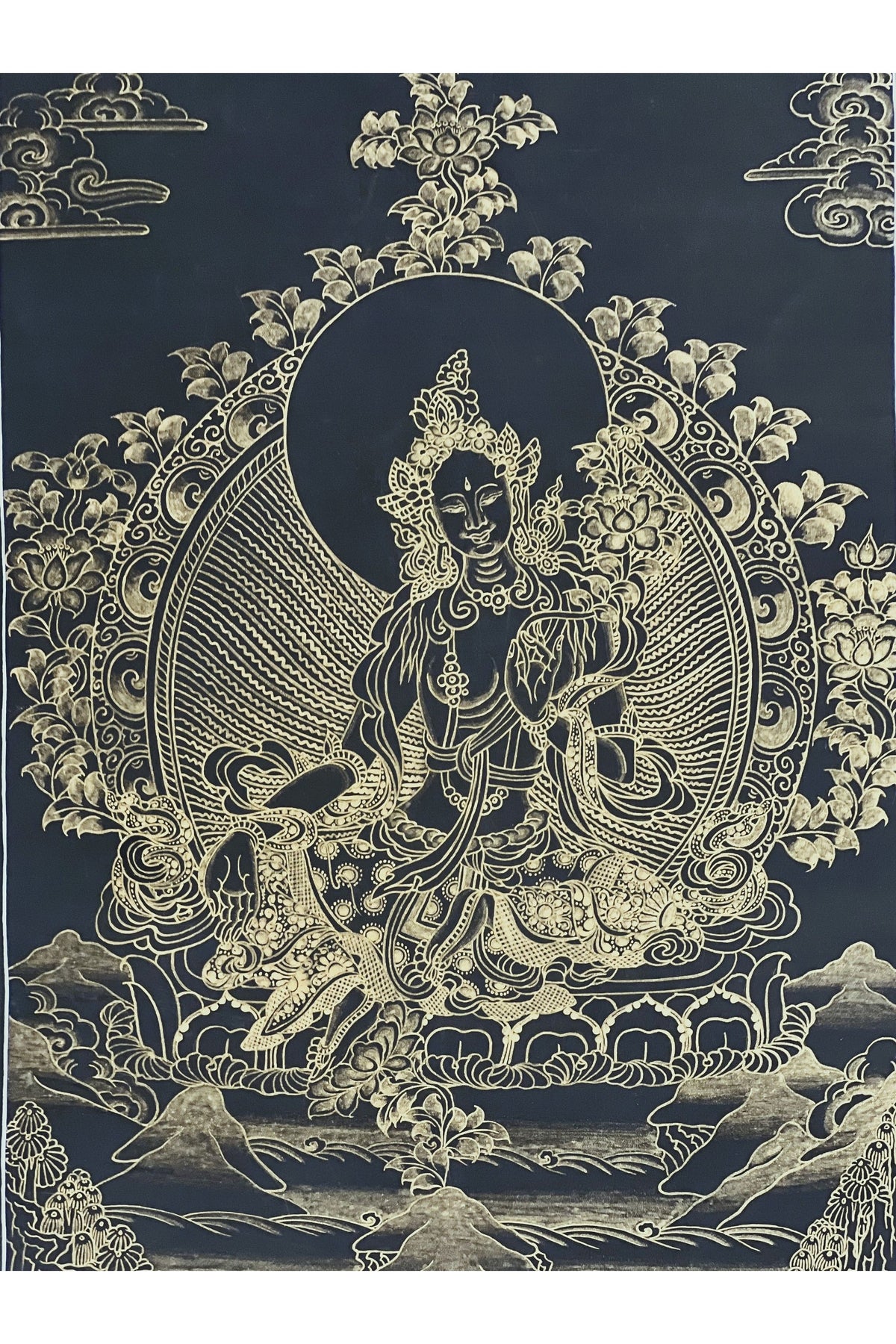 Hand-Painted Green Tara Thangka – Black & Gold Silk Brocade, Tibetan Artwork
