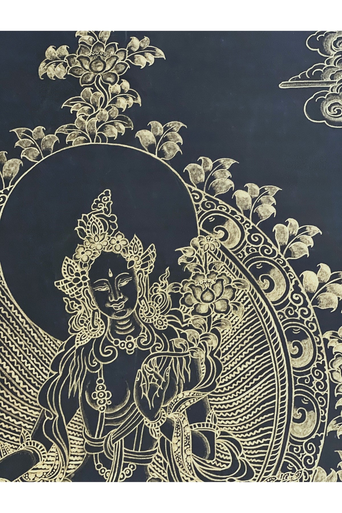 Green Tara Tibetan Thangka Black Gold | Hand-Painted Buddhist Goddess Art | Compassion Healing Decor