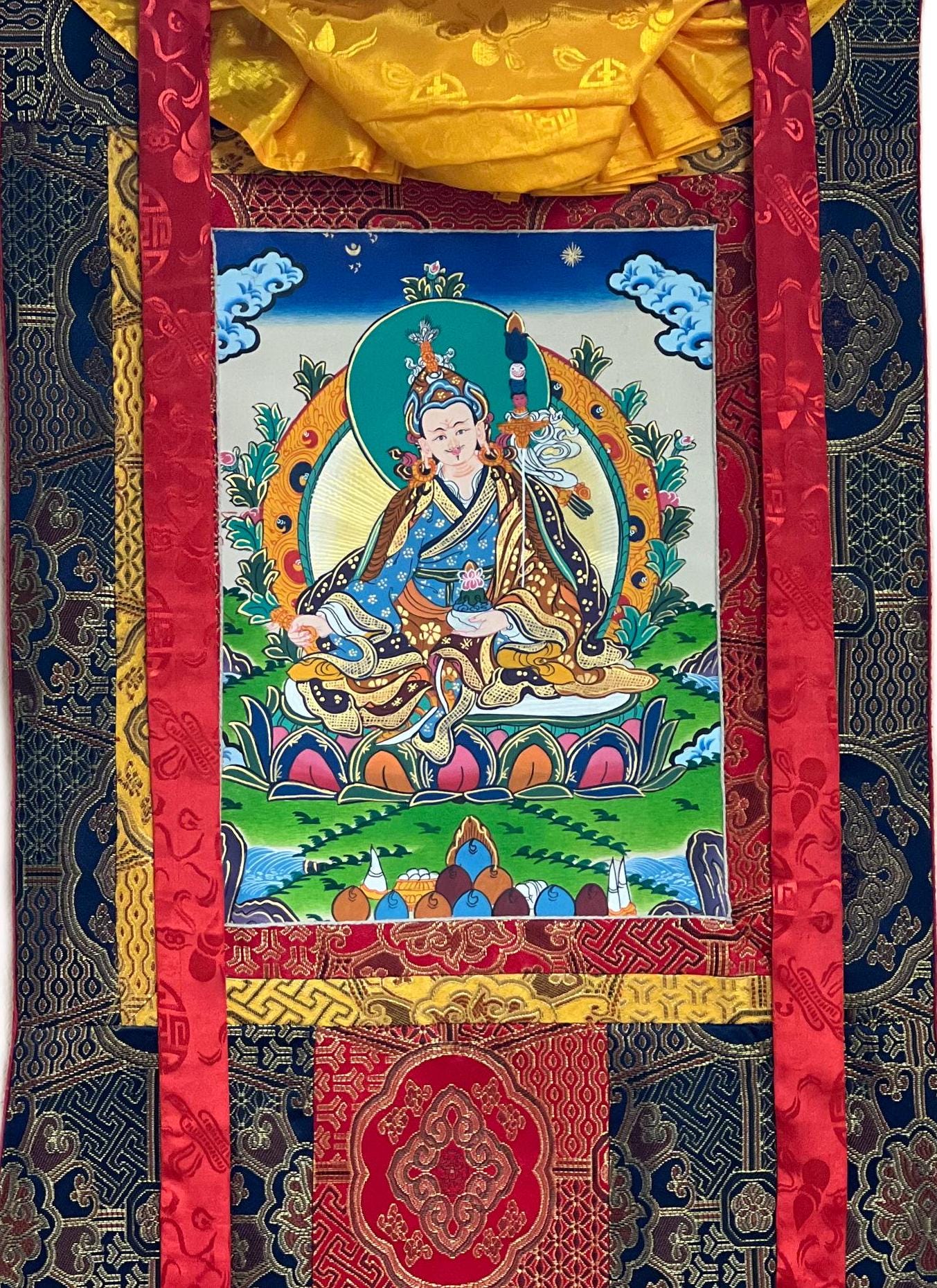Hand-painted Padmasambhava Thangka – Tibetan Buddhist Art with Silk Brocade