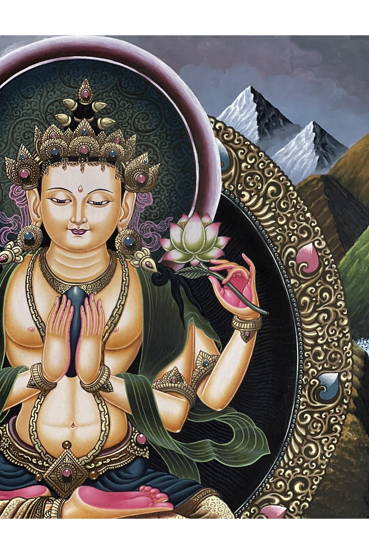 Chenrezig Newari Paubha Thangka | Hand-Painted Avalokiteshvara Masterpiece