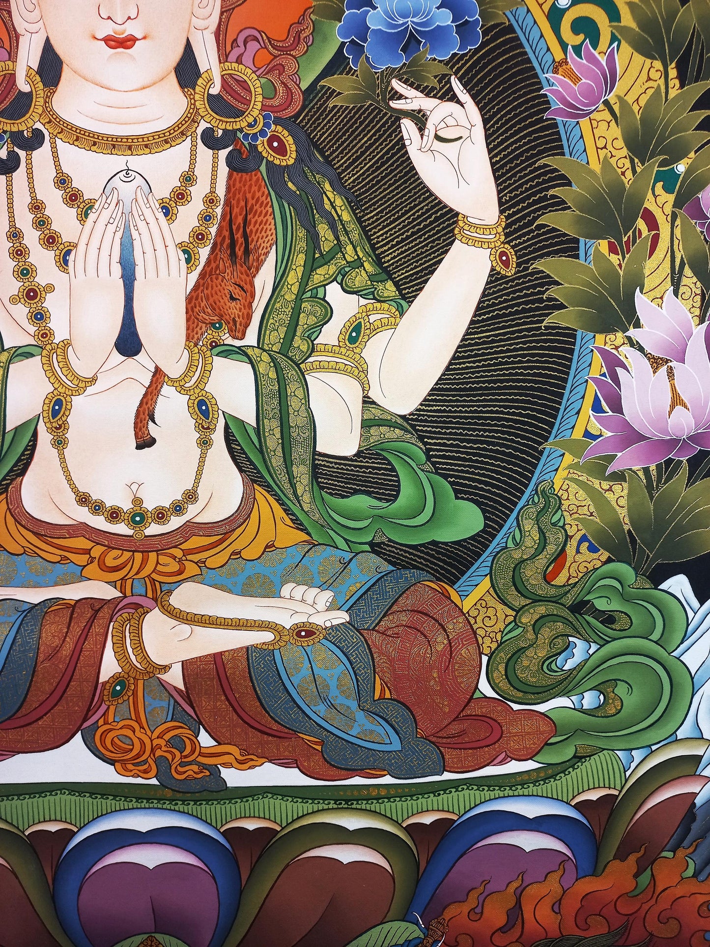 Four-Armed Chenrezig Thangka | Avalokiteshvara Bodhisattva of Compassion | Hand-Painted Tibetan Art | 24K Gold LARGE Painting