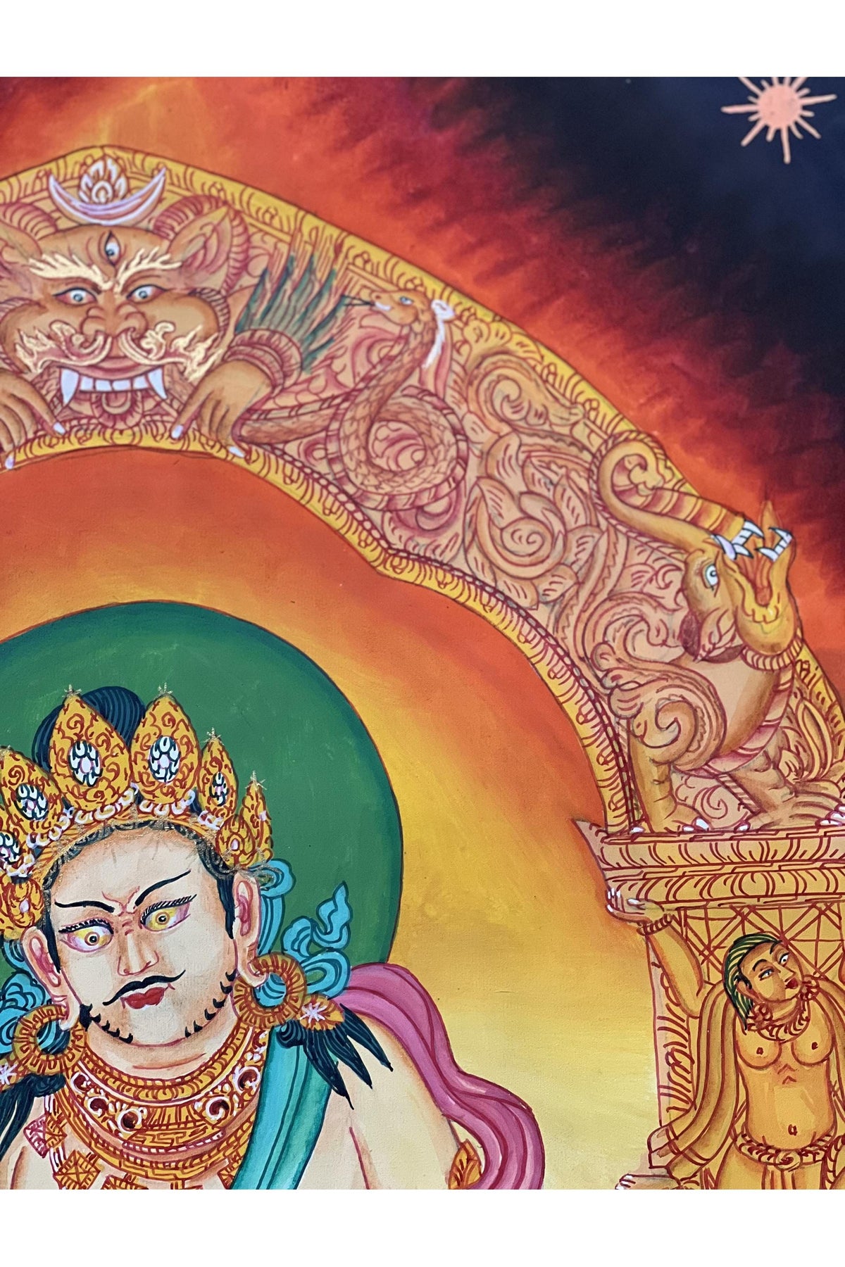 Hand-Painted Yellow Jambhala Kubera Newari Paubha Thangka | Buddhist Wealth Deity Art | Silk Brocade