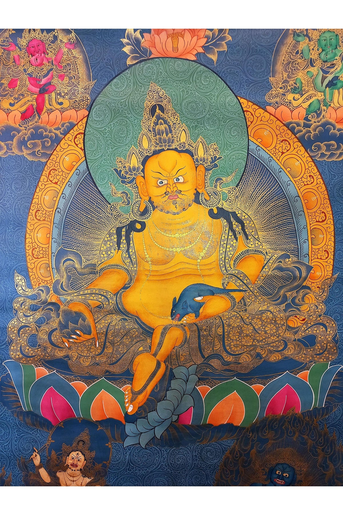 Hand Painted Pancha Jambhala Thangka Painting, God of Wealth Art