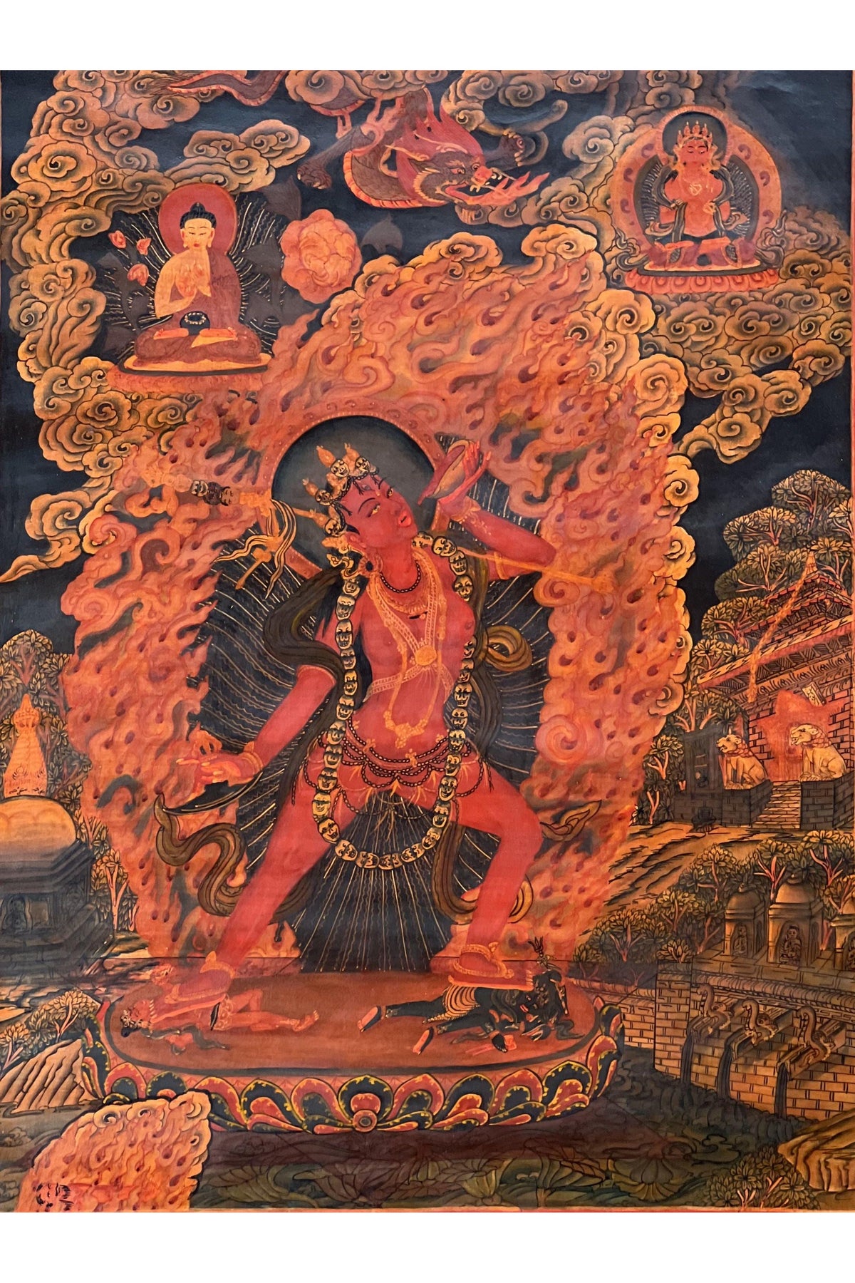 Old Vajrayogini Paubha Thangka | Oil-Varnished Newari Masterpiece with Silk Brocade