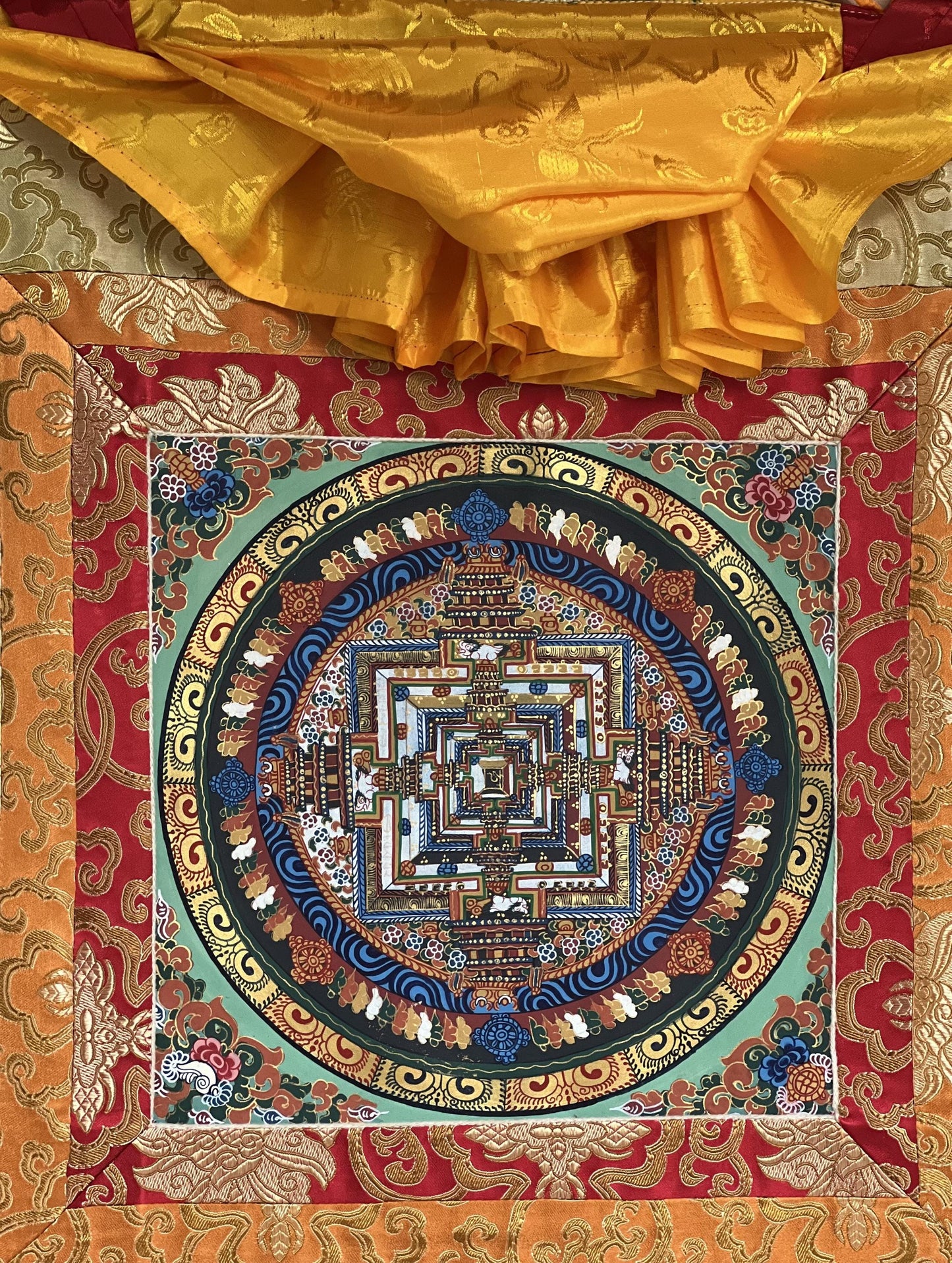 Hand-Painted Kalachakra Mandala Tibetan Thangka with Silk Brocade