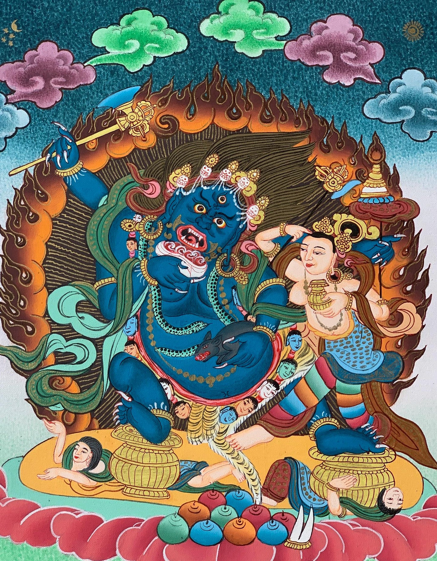 Hand-Painted Black Jambhala Thangka – Tibetan God of Wealth, Silk Brocade