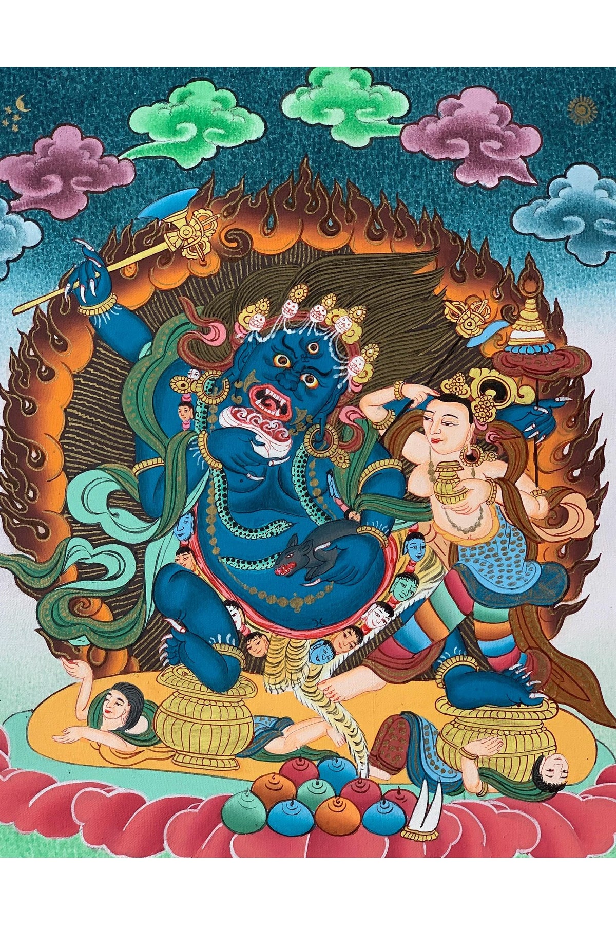 Hand-Painted Black Jambhala Thangka – Tibetan God of Wealth, Silk Brocade