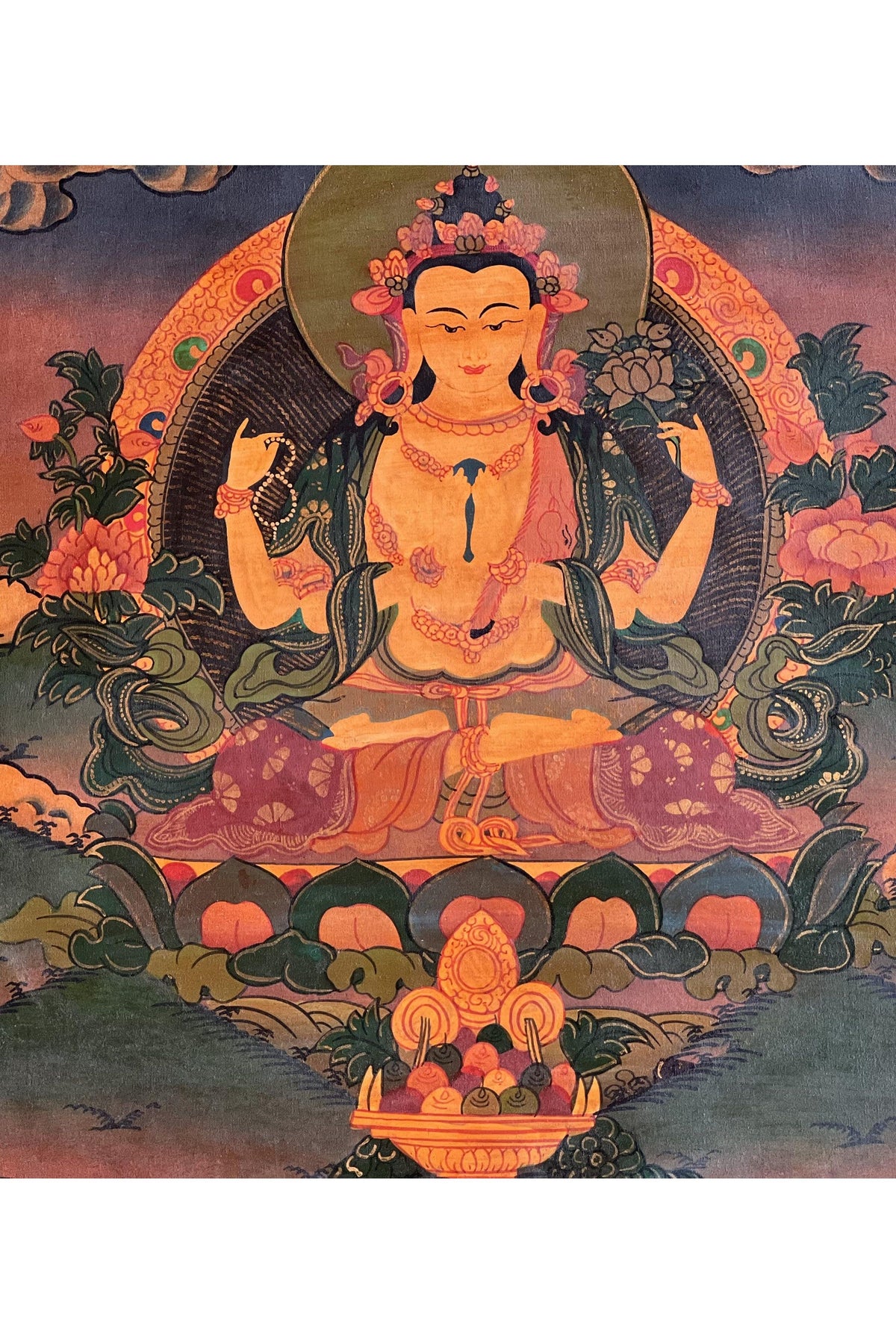 Old Oil-Varnished Chenrezig Thangka | Four-Armed Avalokiteshvara Hand-Painted Tibetan Art