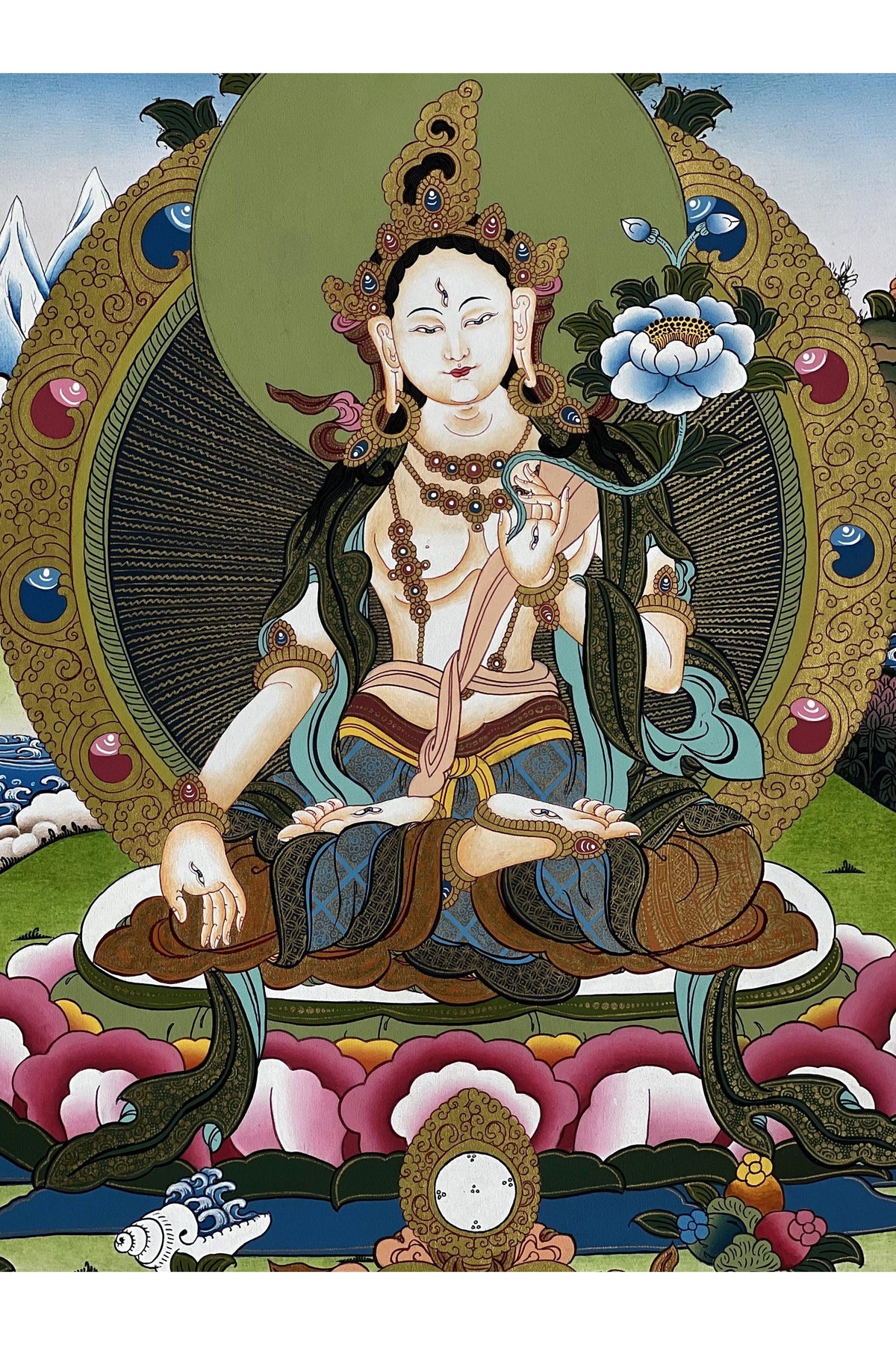 Hand-Painted White Tara Thangka: Mother Goddess Art from Nepal