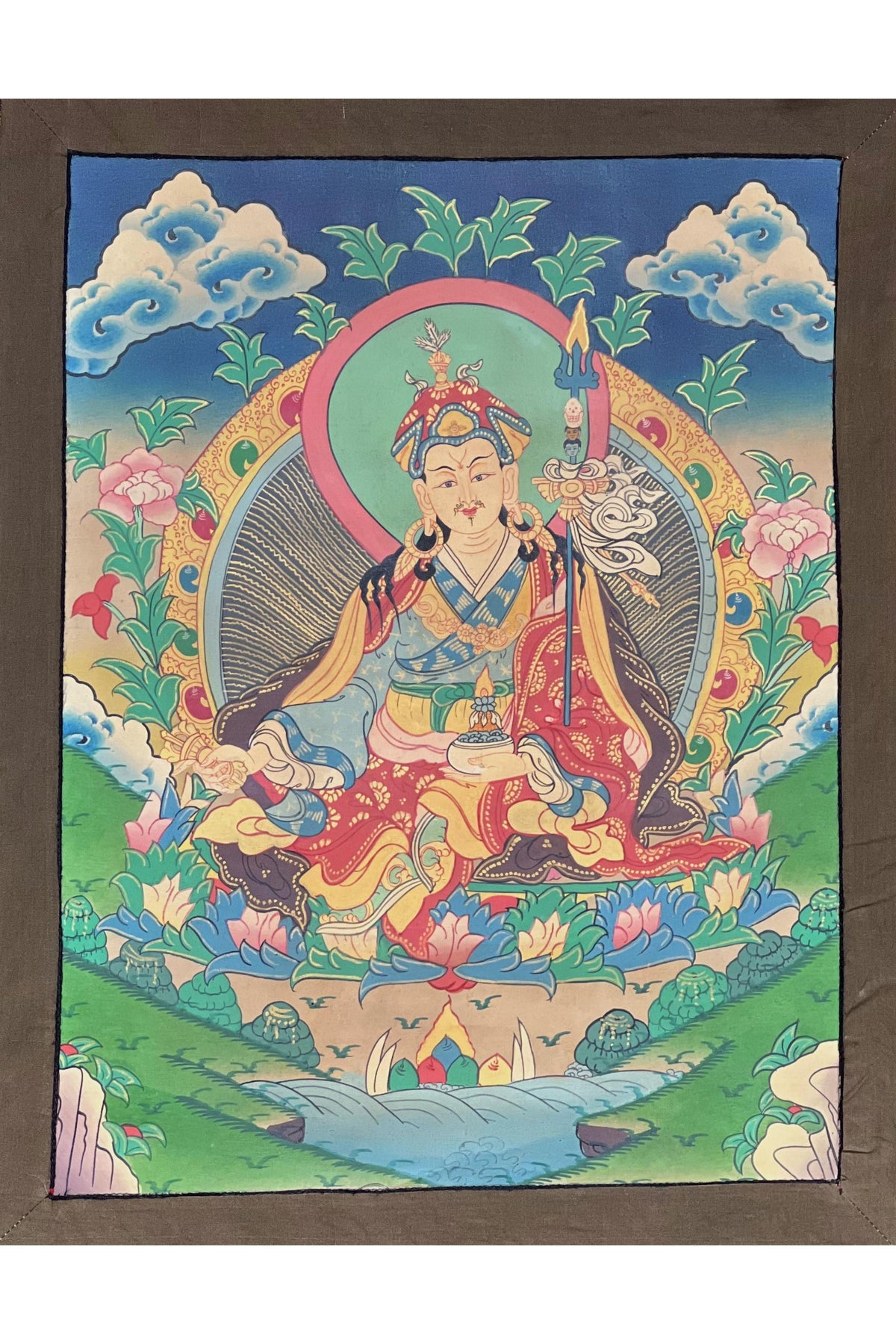 Guru Rinpoche Thangka | Padmasambhava Tibetan Art with Cotton Brocade