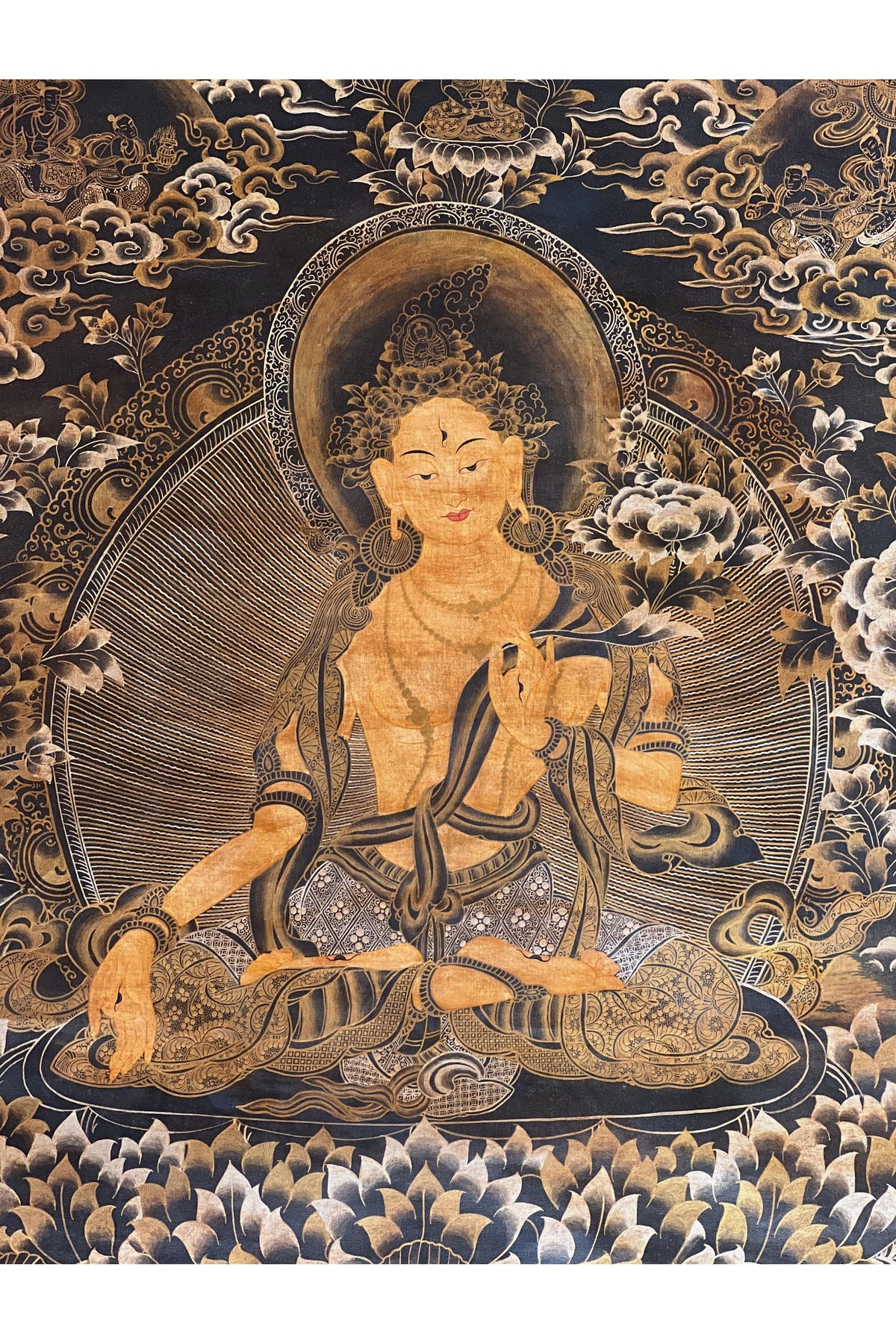 Hand-Painted White Tara Thangka Painting, Tibetan Buddhist Art (25x36 inch)