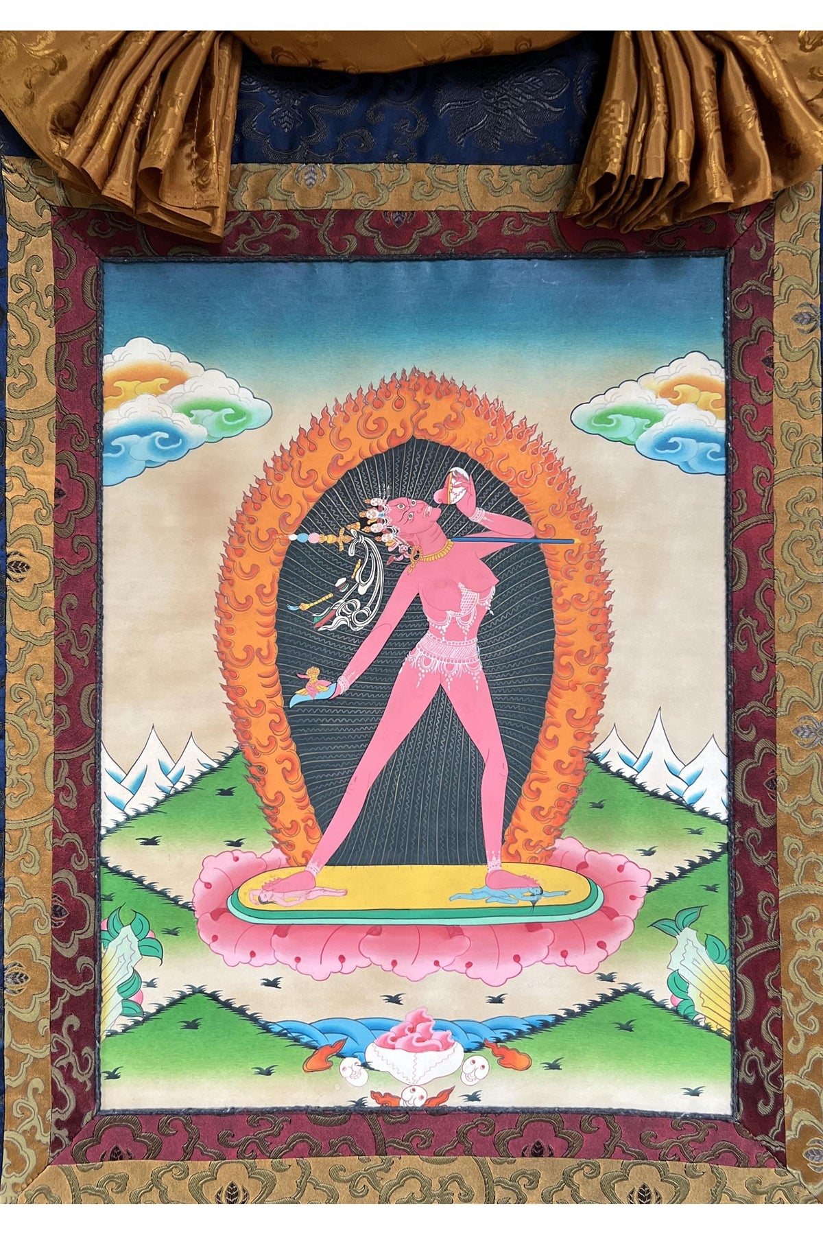 Hand Painted Semi Old, Oil Varnish Vajrayogini Thangka with Silk Brocade