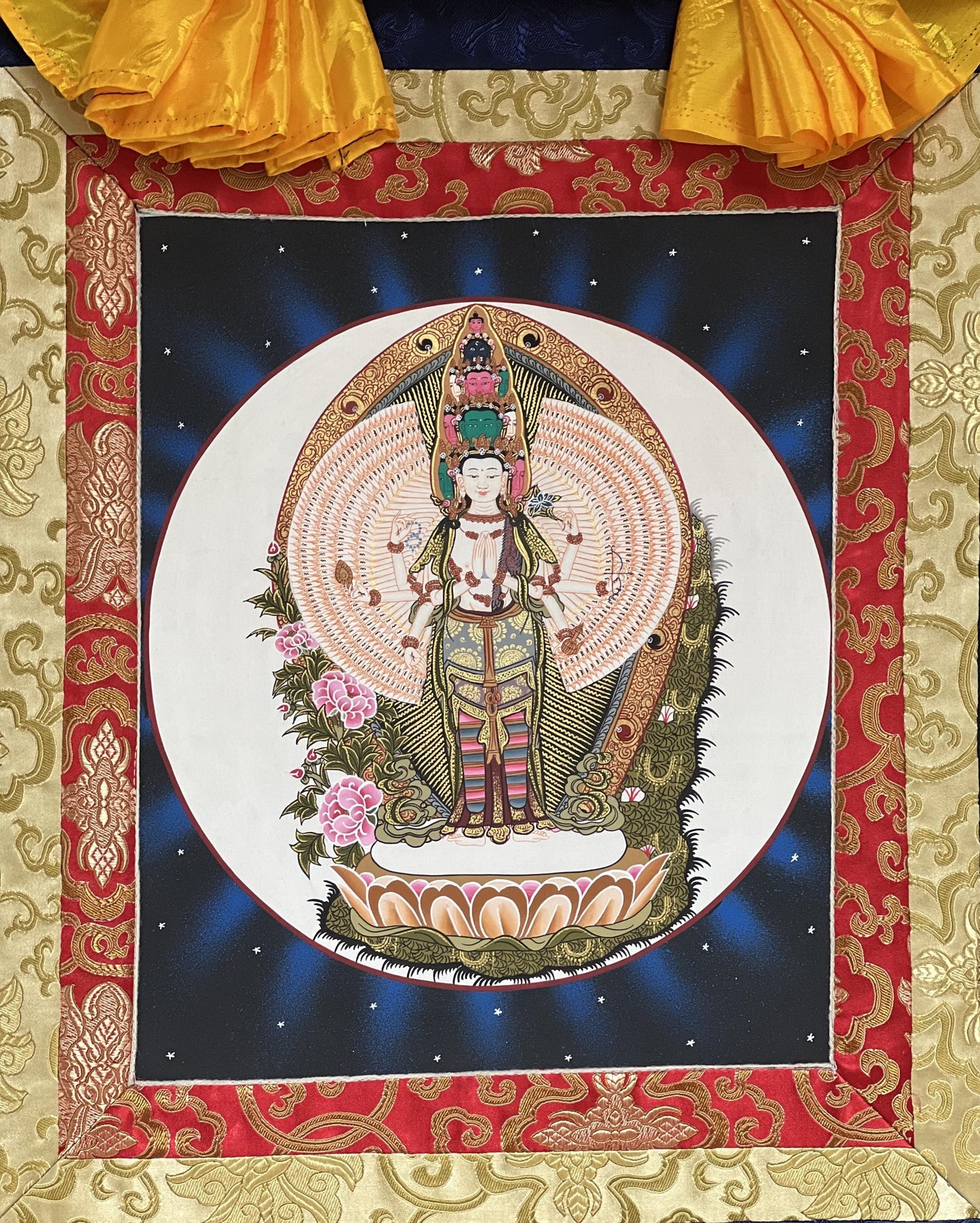 Original Hand-Painted Tibetan Thangka of Thousand-Armed Avalokiteshvara (Chenrezig) with Silk Brocade - Compassion Meditation Art