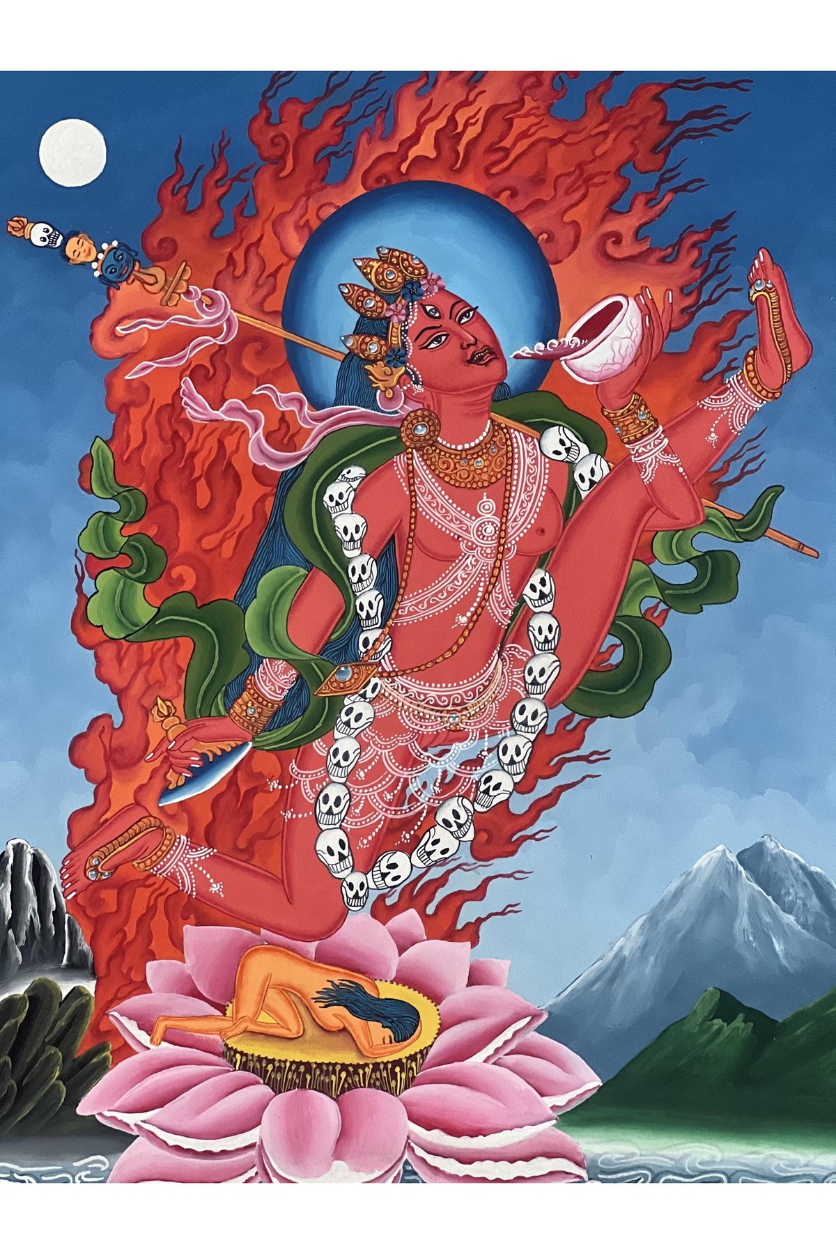 Hand-Painted Akash Yogini Thangka Painting with Silk Brocade