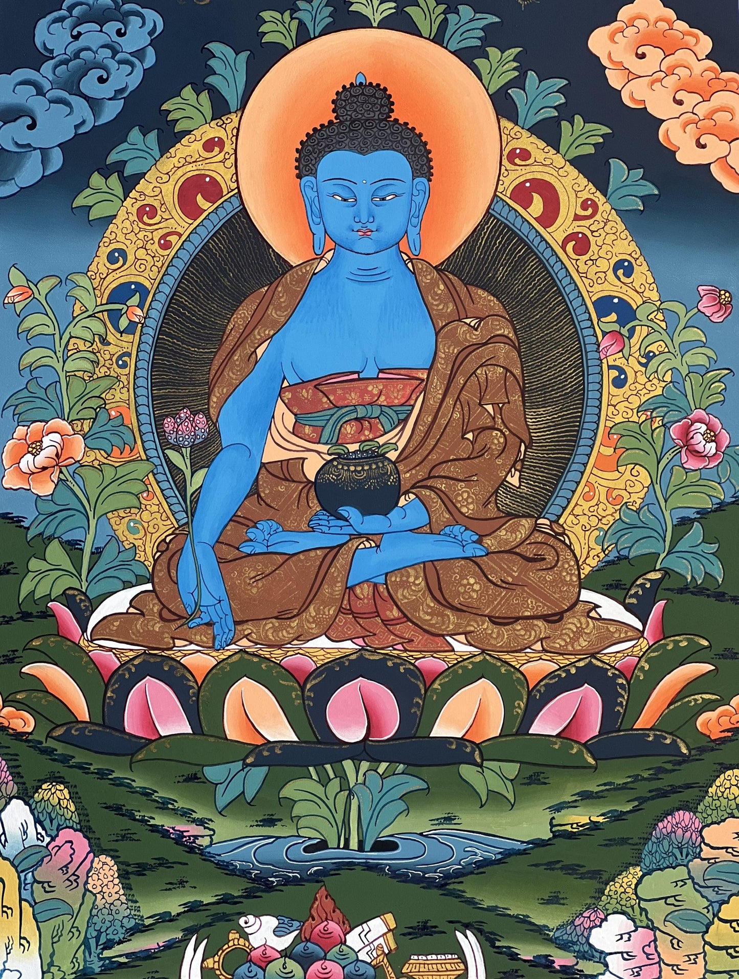 Hand-Painted Medicine Buddha Thangka Painting with Silk Brocade