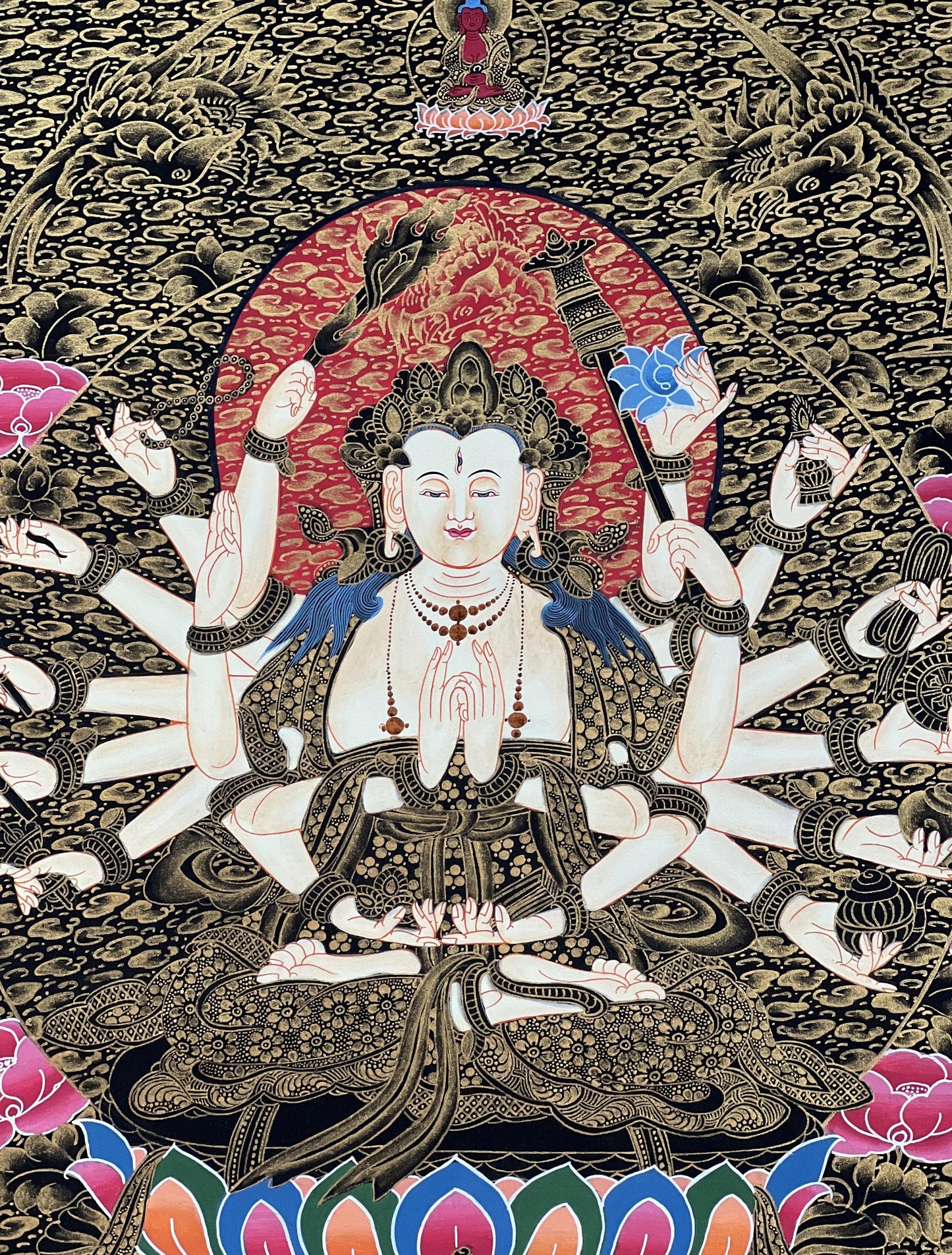 Hand-Painted Cundi Thangka Painting, Tibetan Mother Goddess Art (18x24 inch)