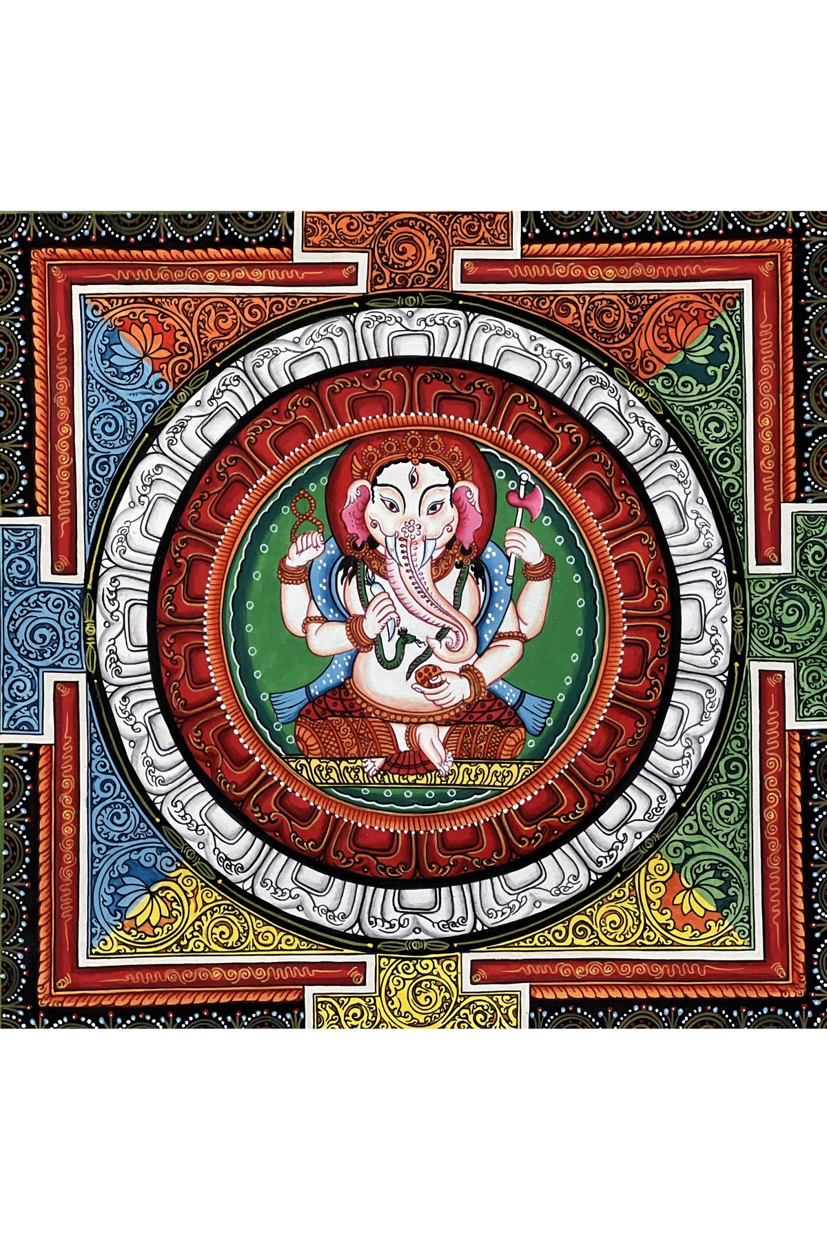 4 Armed Ganesha/ Ganapati with Sriyantra Masterpiece Newari Paubha Thangka Painting with Silk Brocade