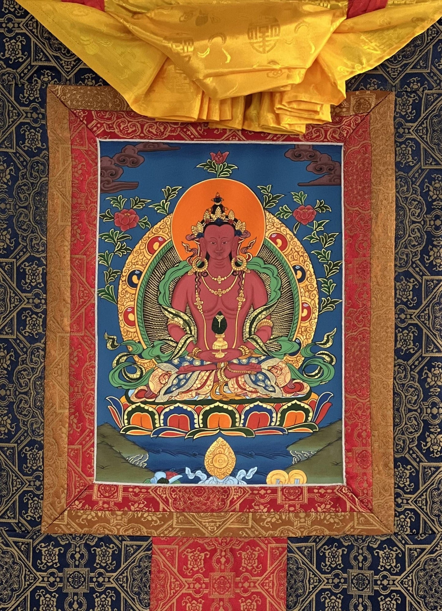Amitayus Buddha Tibetan Thangka Painting with Silk Brocade