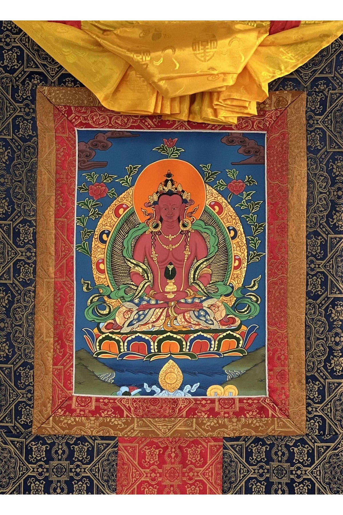 Amitayus Buddha Tibetan Thangka Painting with Silk Brocade