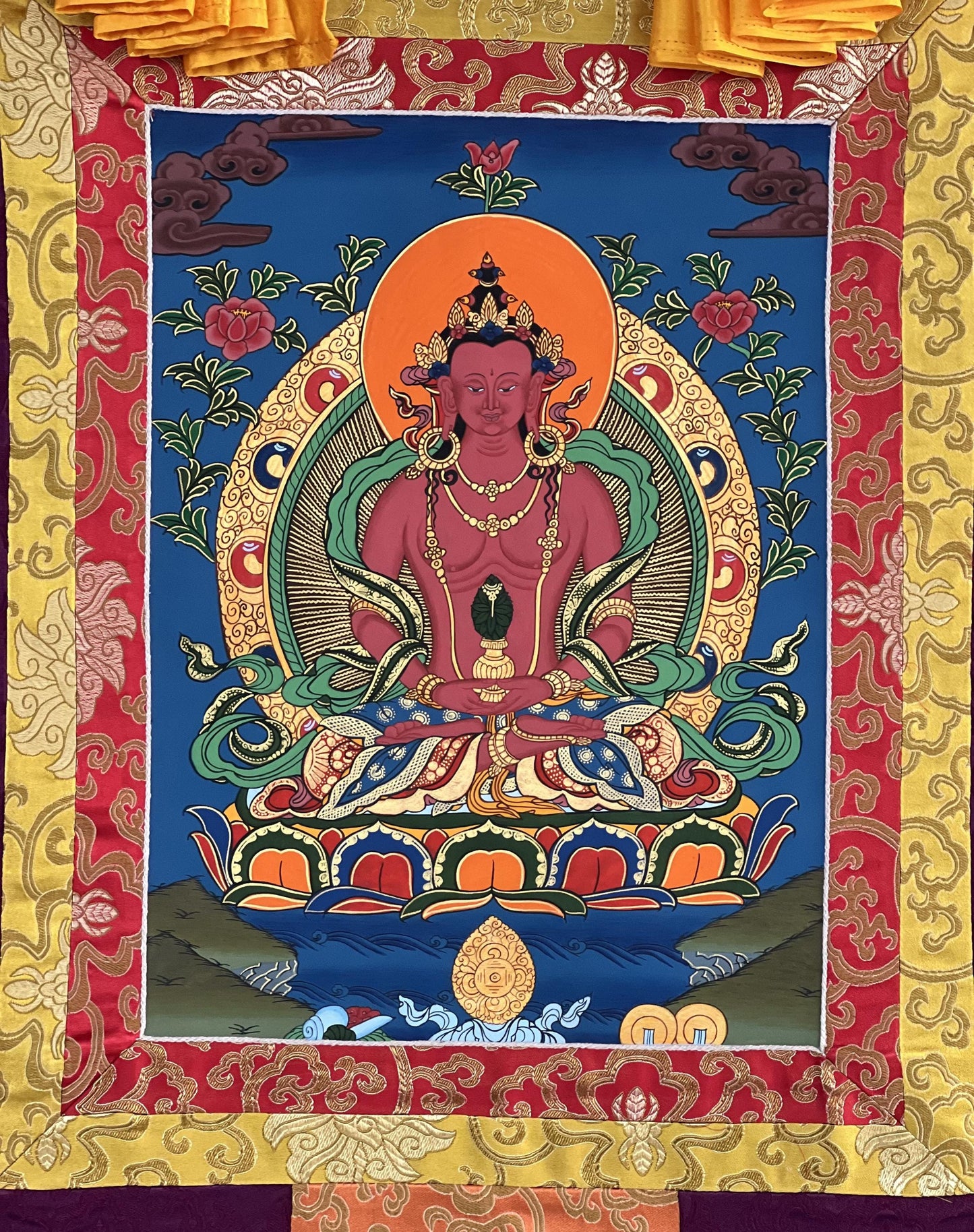 Hand Painted Amitayus Thangka - Tibetan Silk Brocade Meditation Art