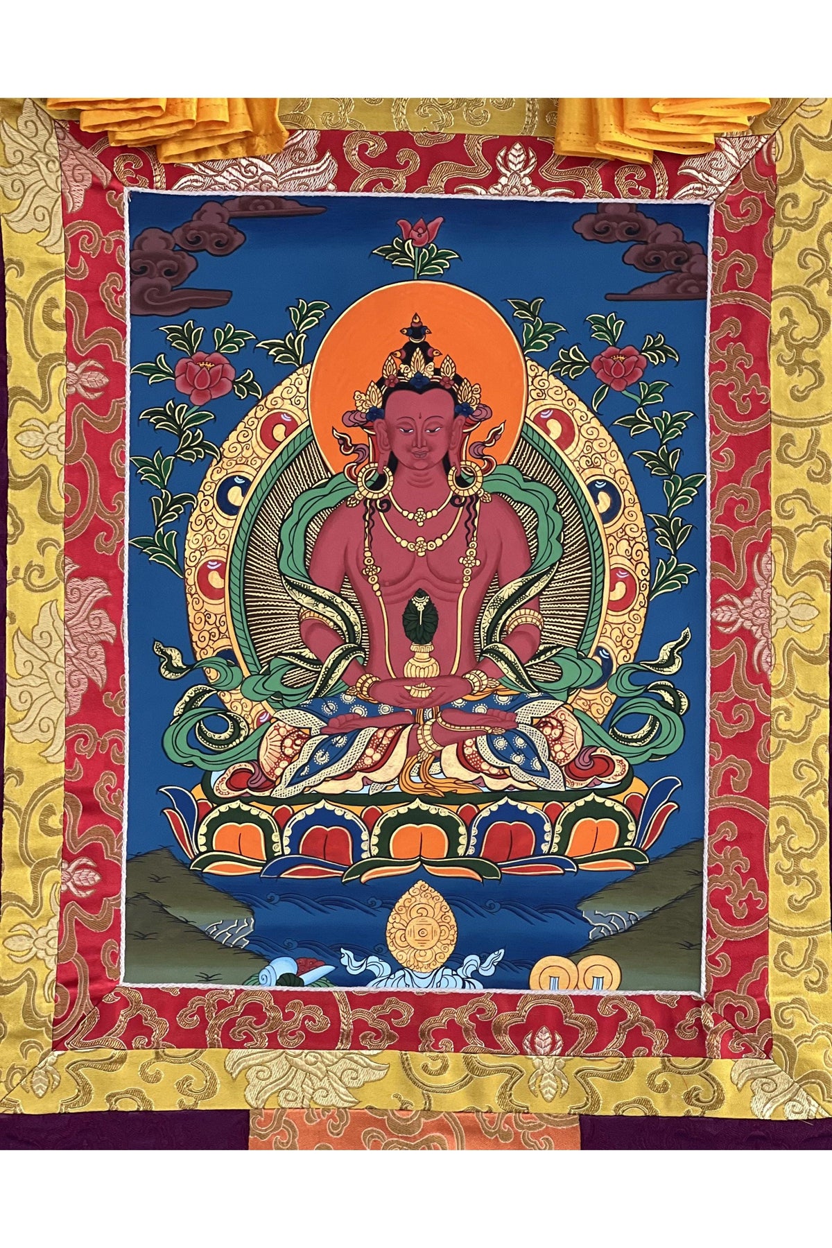 Hand Painted Amitayus Thangka - Tibetan Silk Brocade Meditation Art