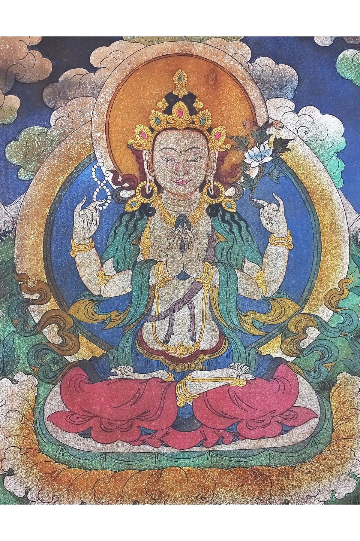 Avalokiteshvara / Chenrezig Original Acrylic Painting on Canvas - Masterpiece Vintage Thangka Painting from the Kathmandu Valley