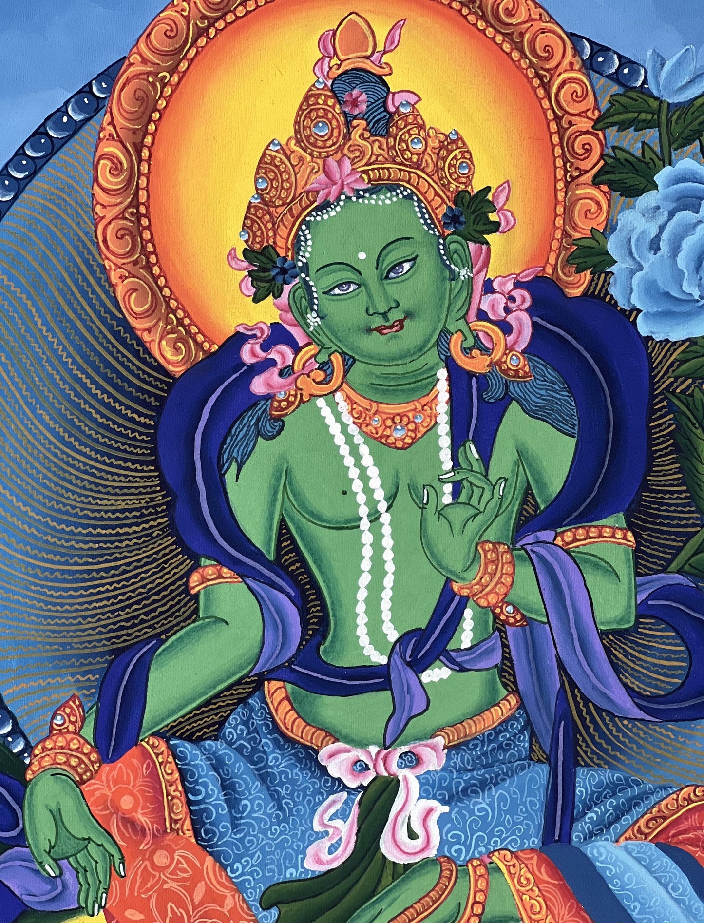 Hand-Painted Green Tara Thangka | Newari Paubha Art from Nepal