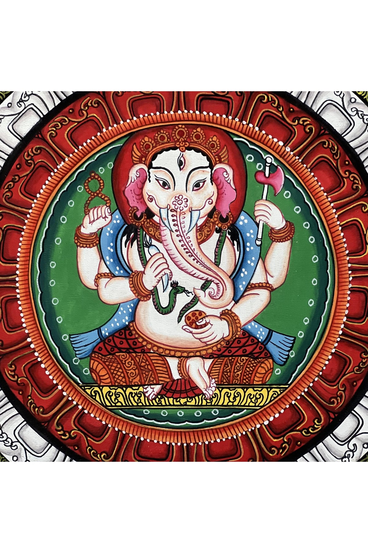 Ganesha Sriyantra Thangka Painting - Newari Paubha Art with Silk Brocade