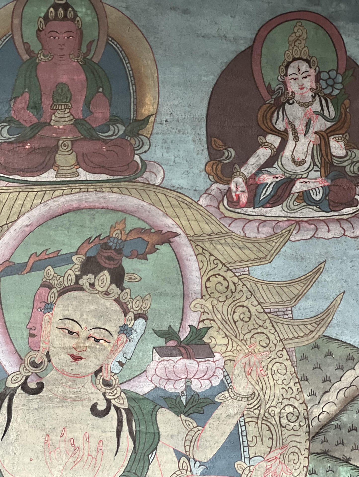 Vintage Six-Armed Manjushri Thangka | Hand-Painted Tibetan Art