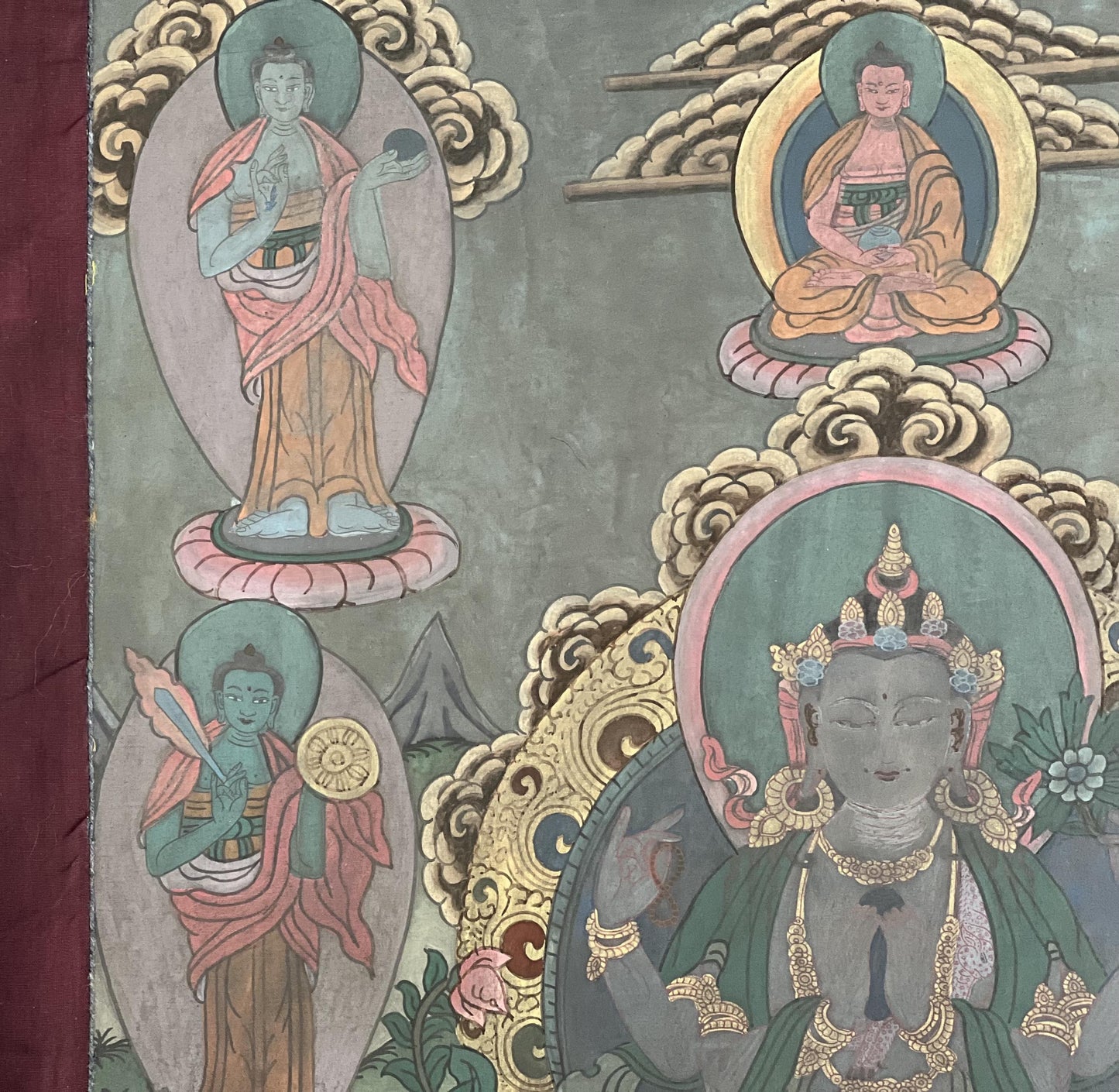 Vintage Avalokiteshvara / Chenrezig Original Hand-Painted Masterpiece Tibetan Thangka Painting with A Narrow Border