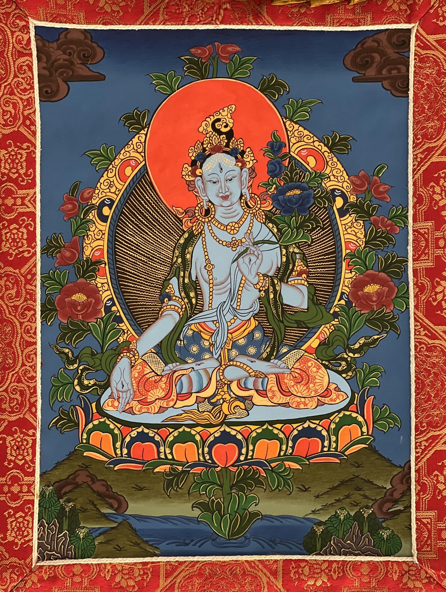 Hand-Painted White Tara Thangka, Tibetan Silk Brocade, Meditation Art