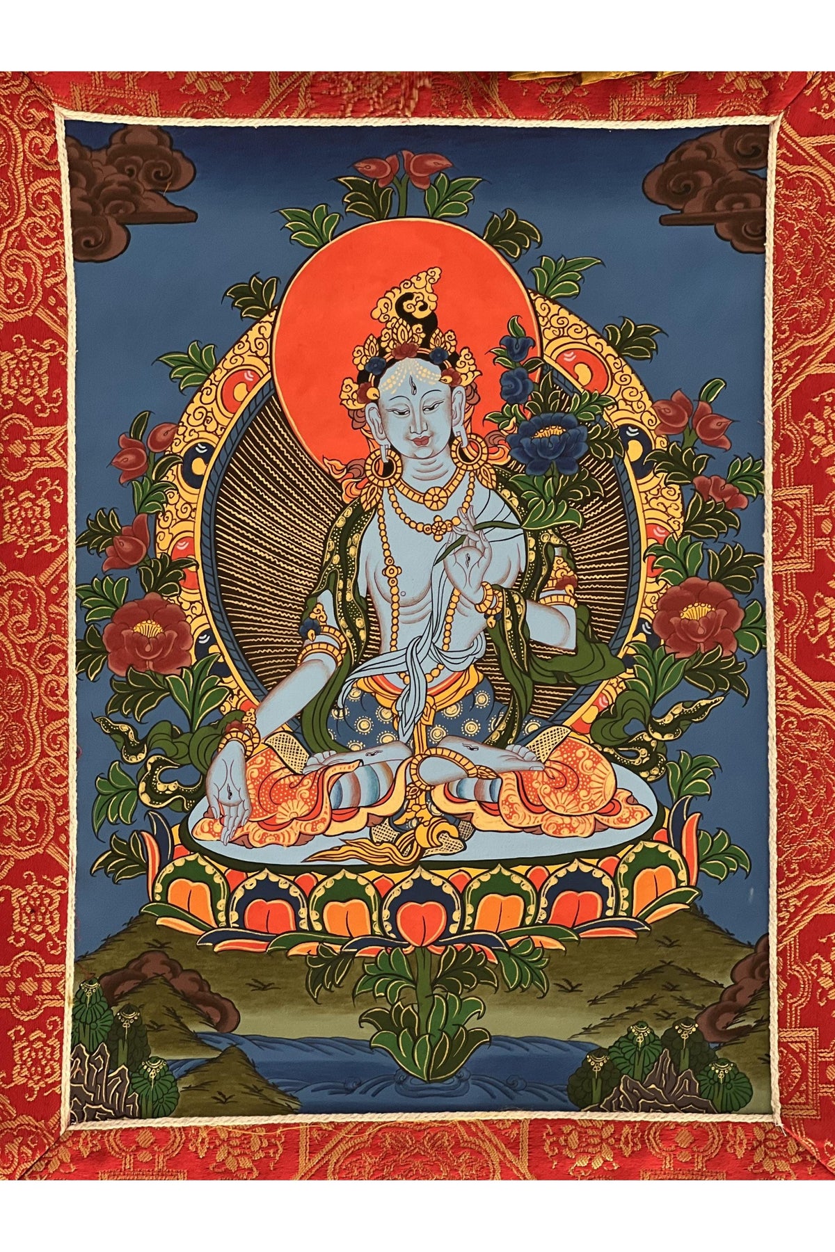 Hand-Painted White Tara Thangka, Tibetan Silk Brocade, Meditation Art