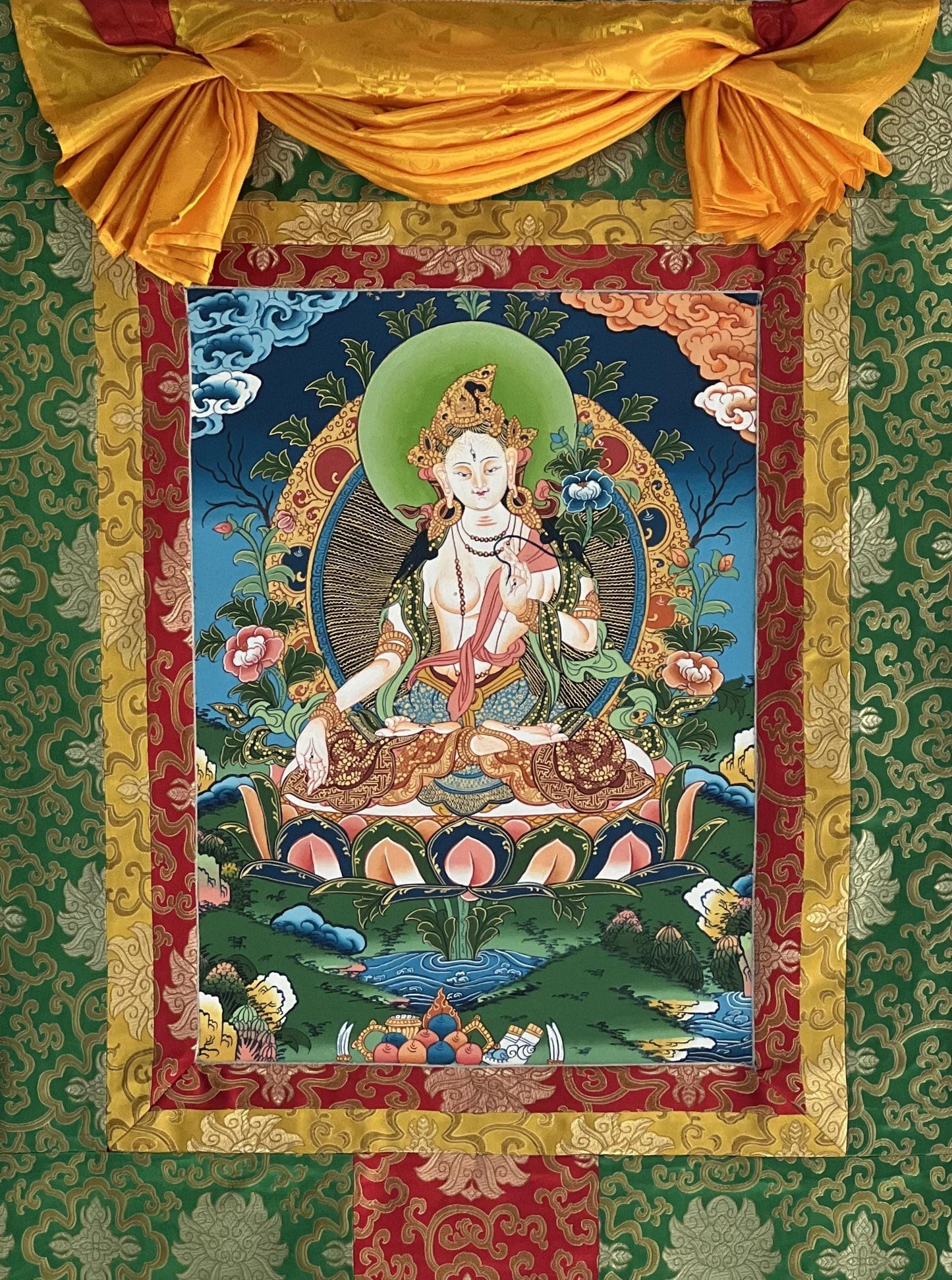 White Tara Thangka Painting, Hand-Painted Tibetan Mother Goddess Art
