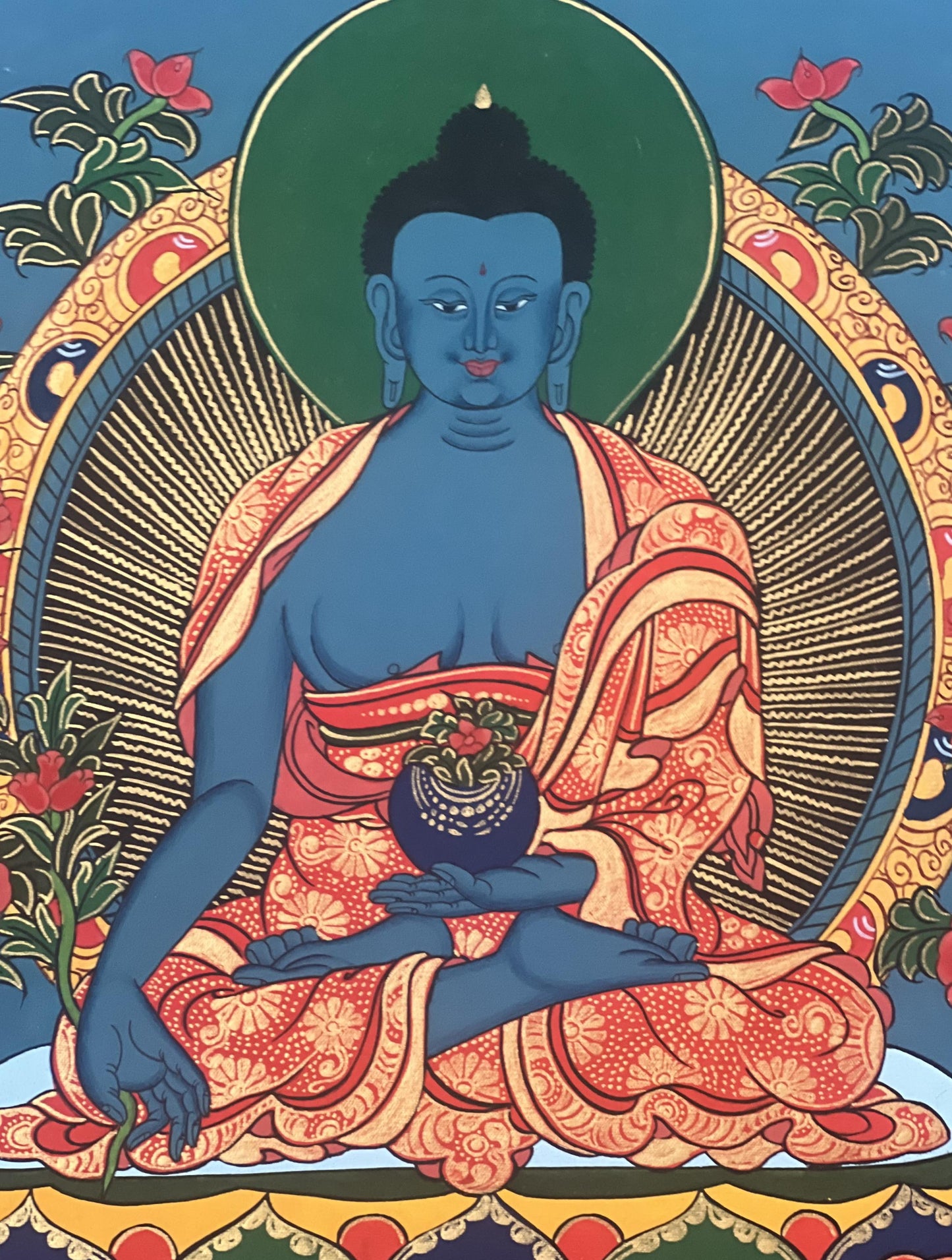 Hand-Painted Medicine Buddha Thangka with Silk Brocade
