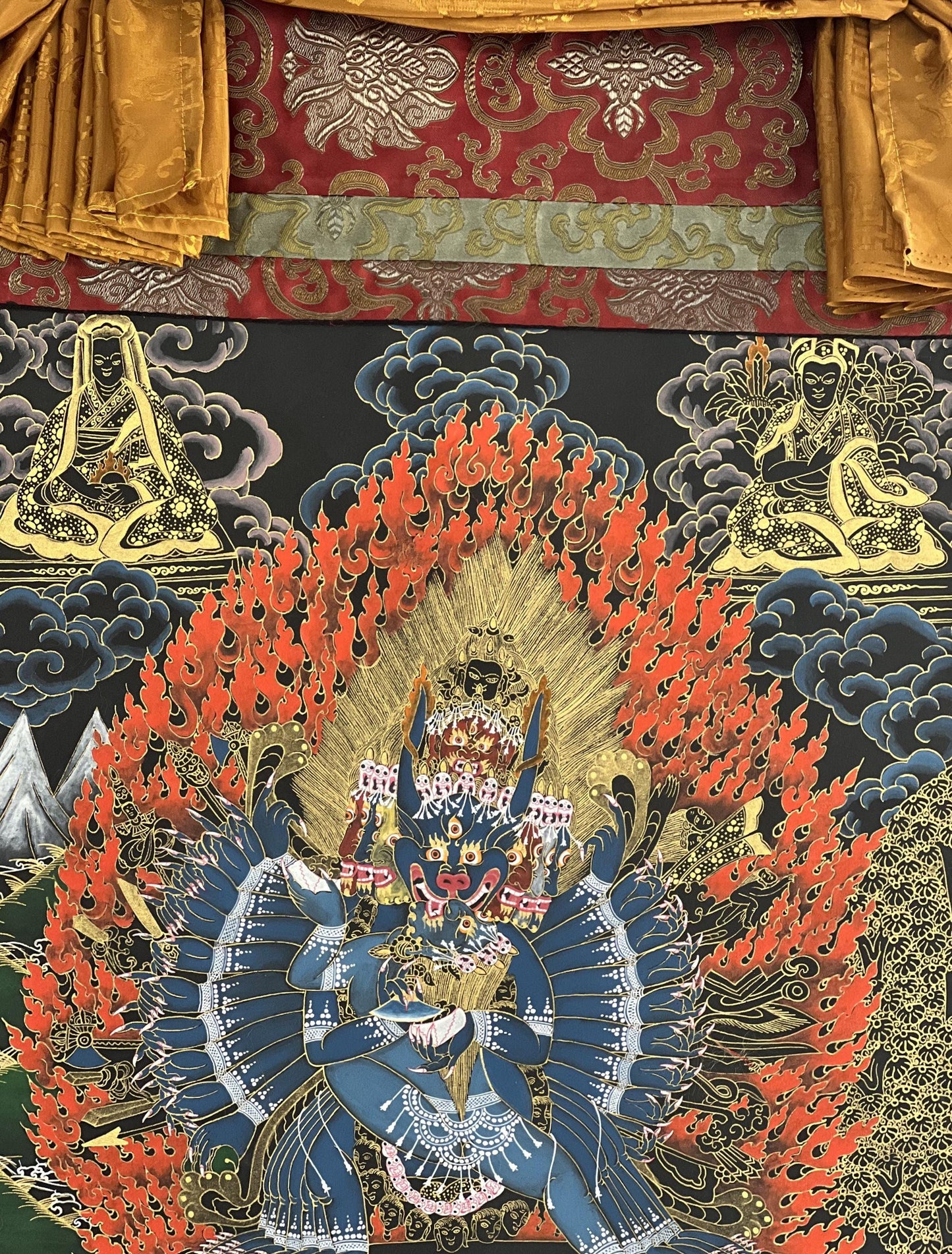 Hand-Painted Yamantaka Thangka Painting with Silk Brocade