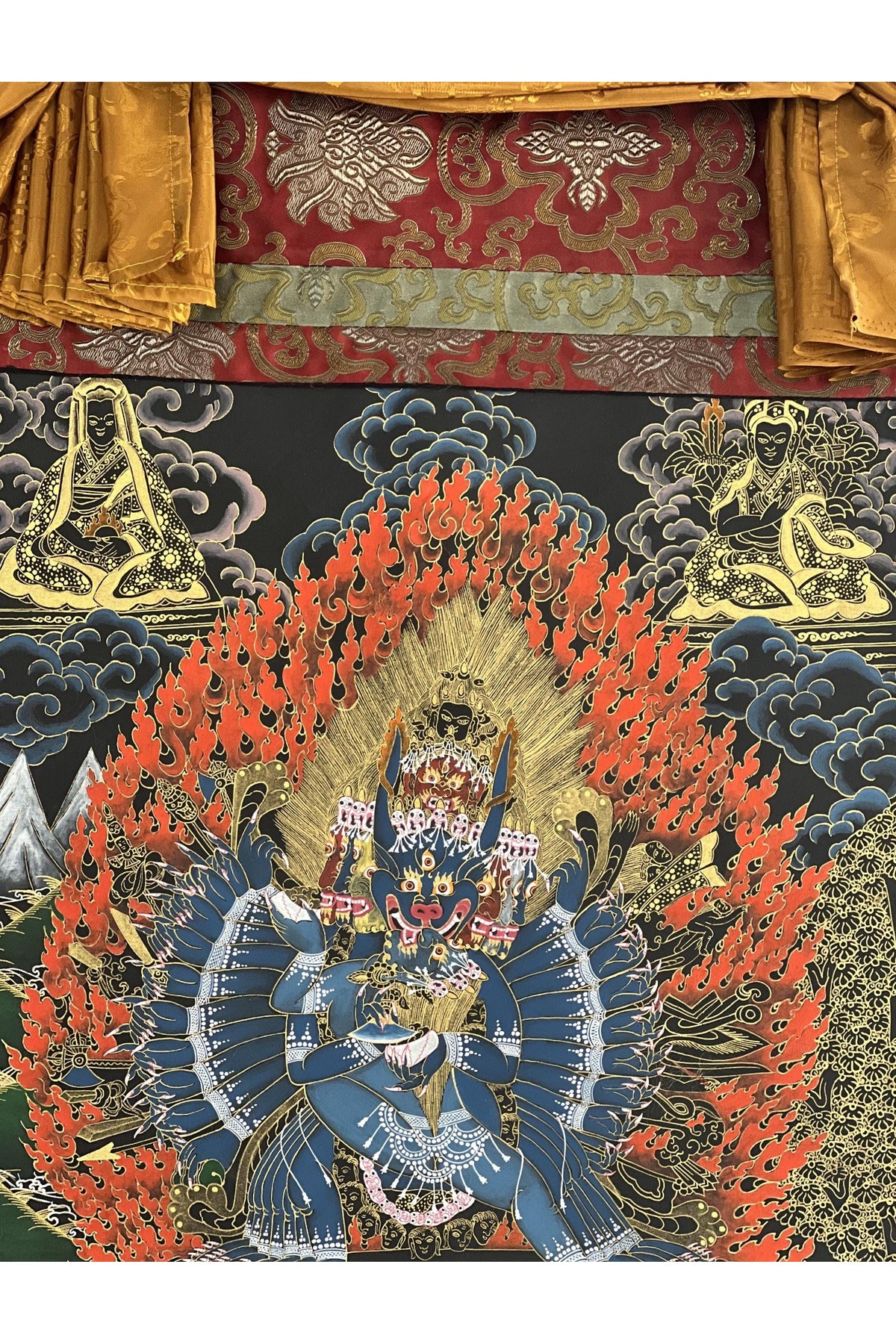 Hand-Painted Yamantaka Thangka Painting with Silk Brocade