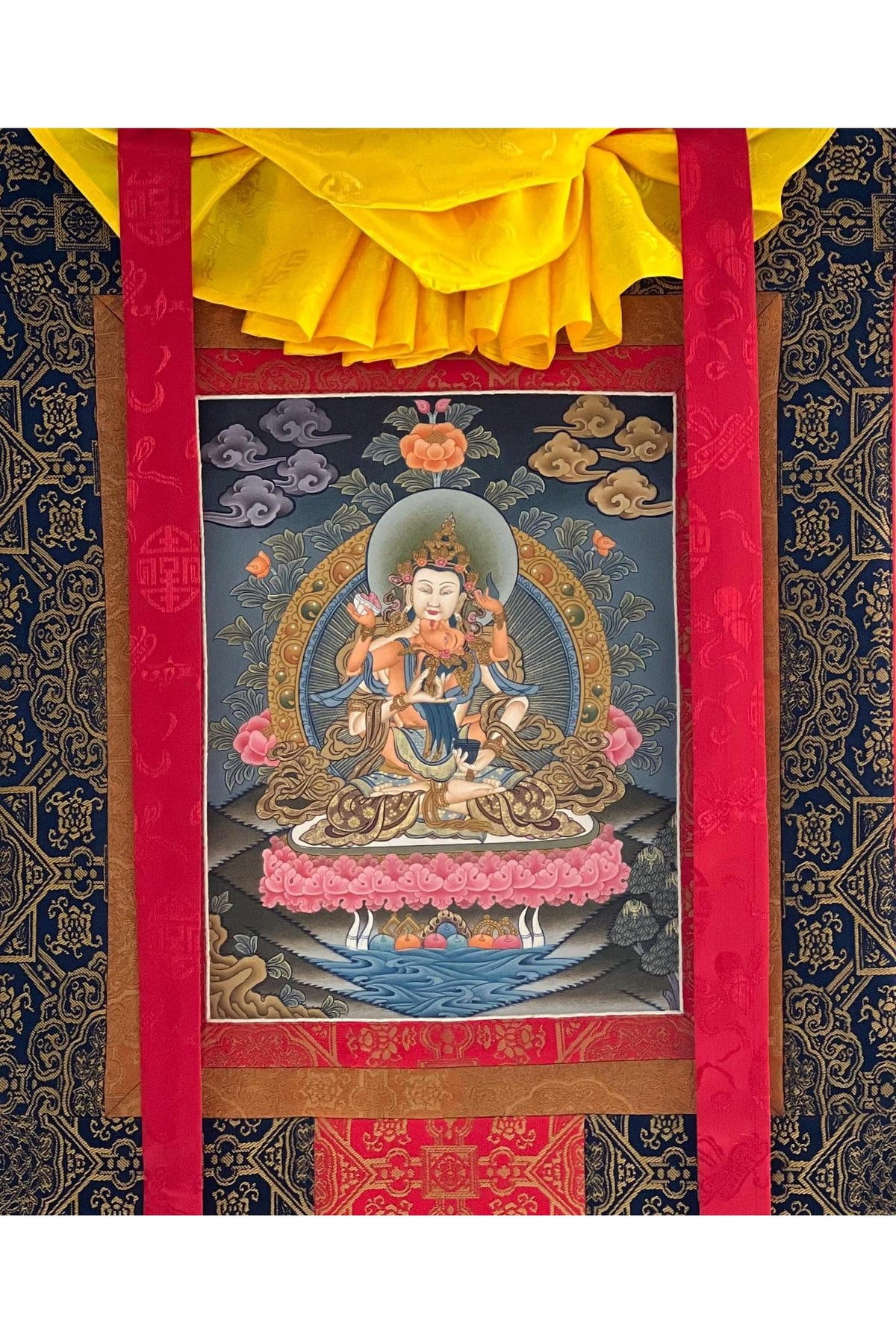 Hand-Painted Vajrasattva Shakti Thangka Painting with Silk Brocade