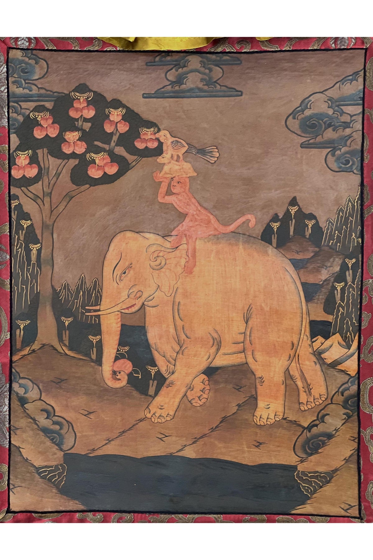 Hand-Painted Four Friends Tibetan Thangka | Silk Brocade, Harmony