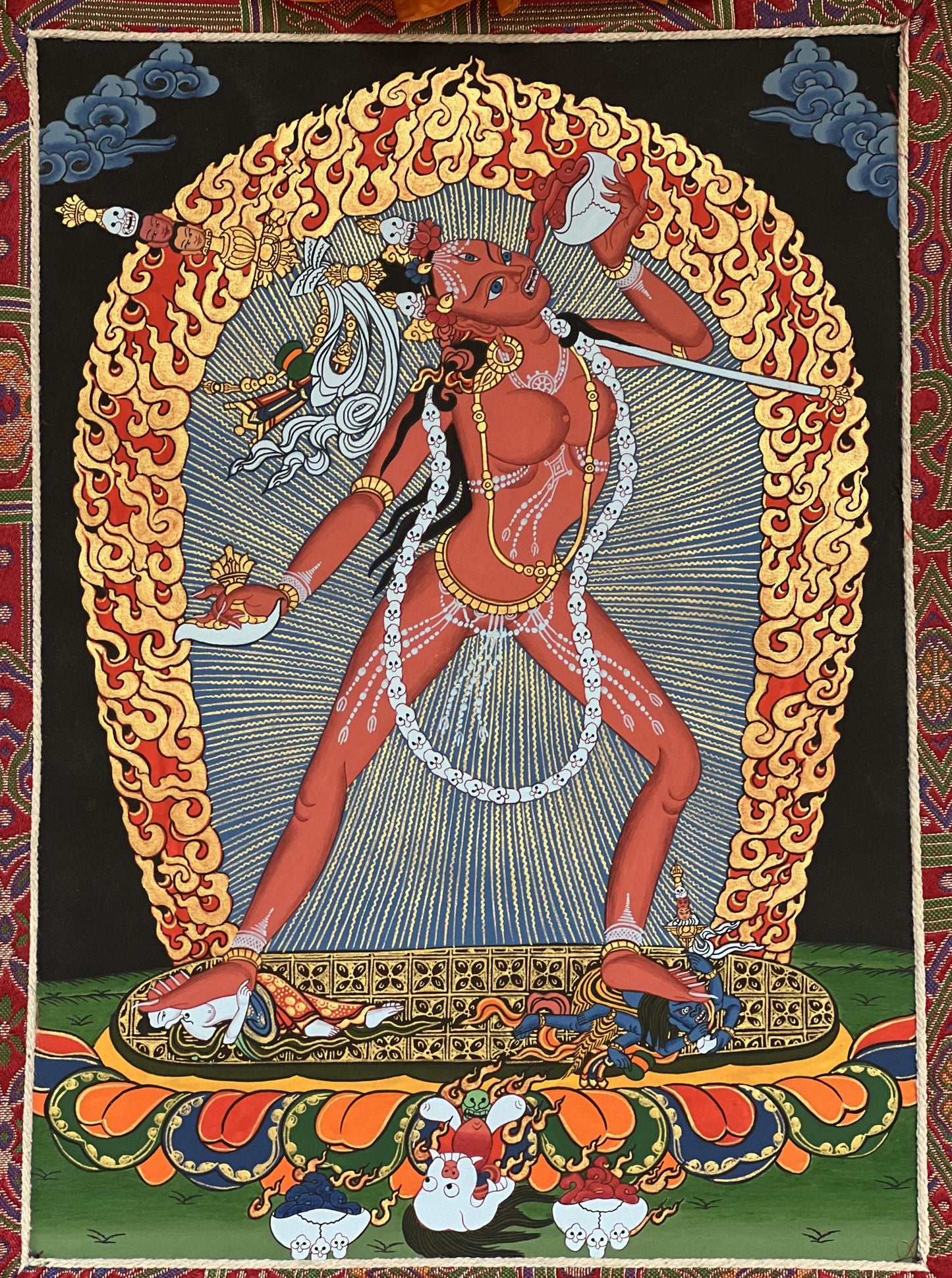 Hand-Painted Vajrayogini Thangka | Tibetan Vajrayan Art with Silk Brocade