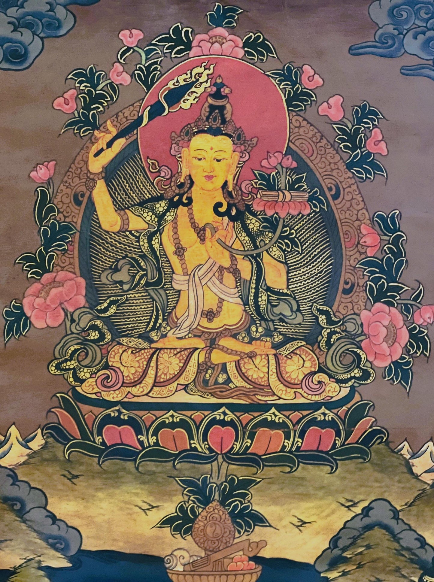 Hand-painted Manjushri Bodhisattva Tibetan Thangka with Silk Brocade, Oil Varnished