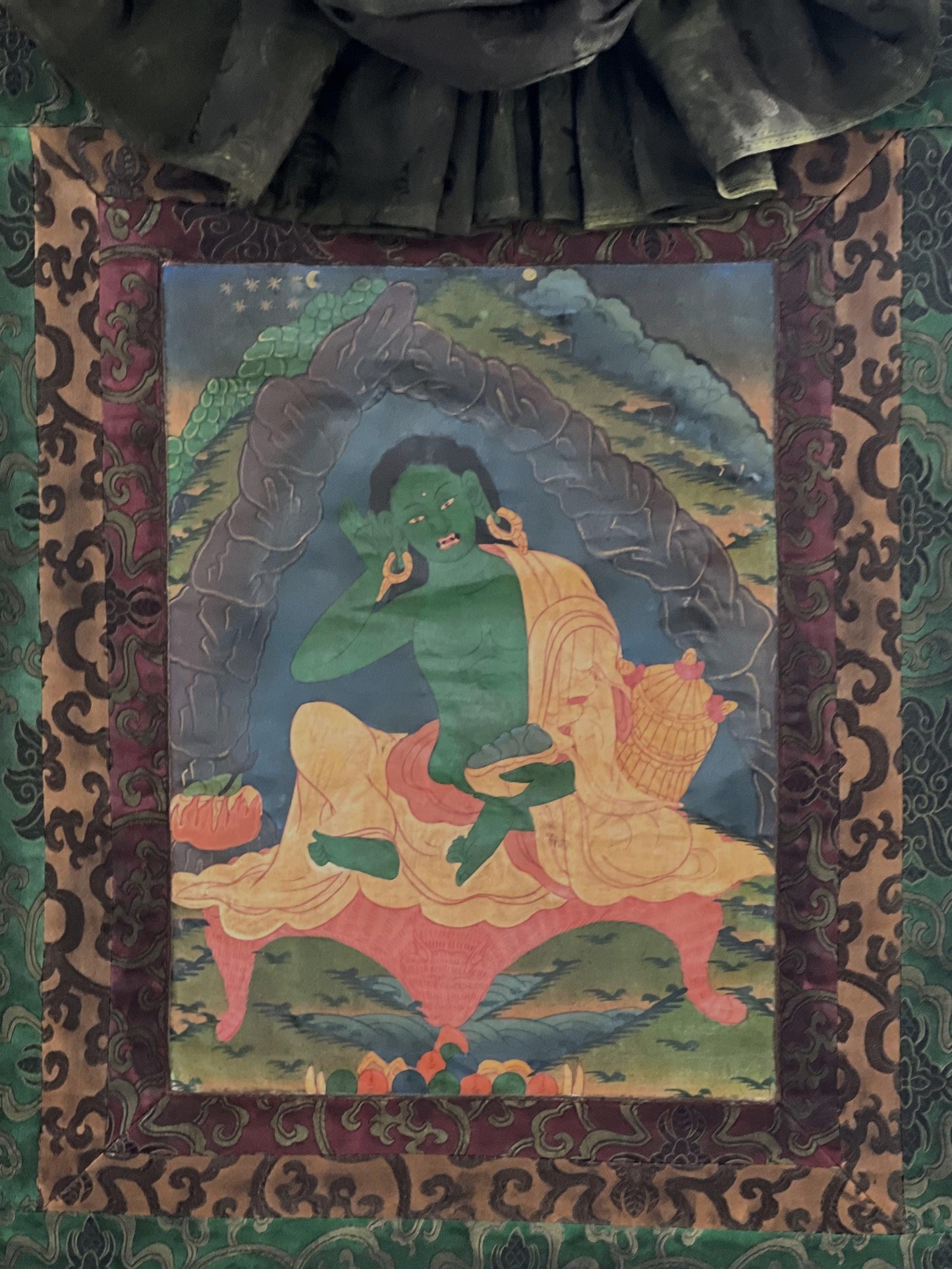 Vintage Milarepa Thangka Painting – Tibetan Yogi Art with Silk Brocade