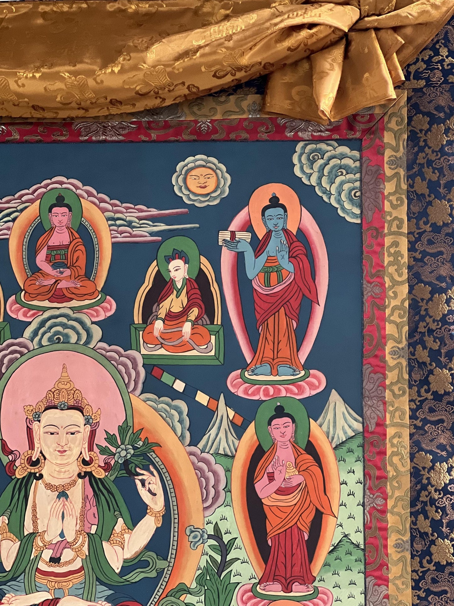 Vintage Large Four-Armed Chenrezig Thangka with Silk Brocade - Hand-Painted Tibetan Compassion Bodhisattva Art