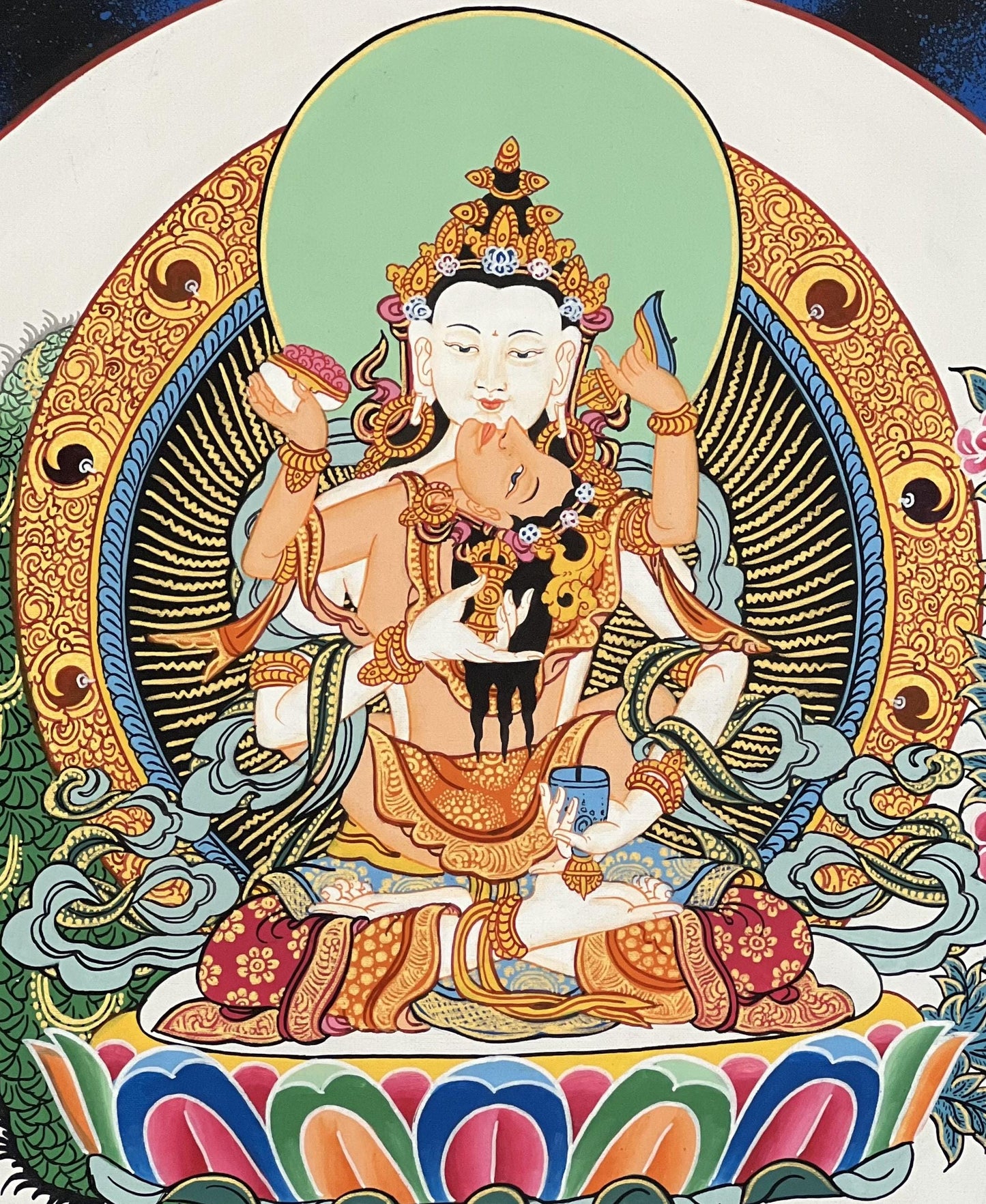 Hand-painted Vajrasattva Thangka, Shakti Dorje Sempa, Silk Brocade