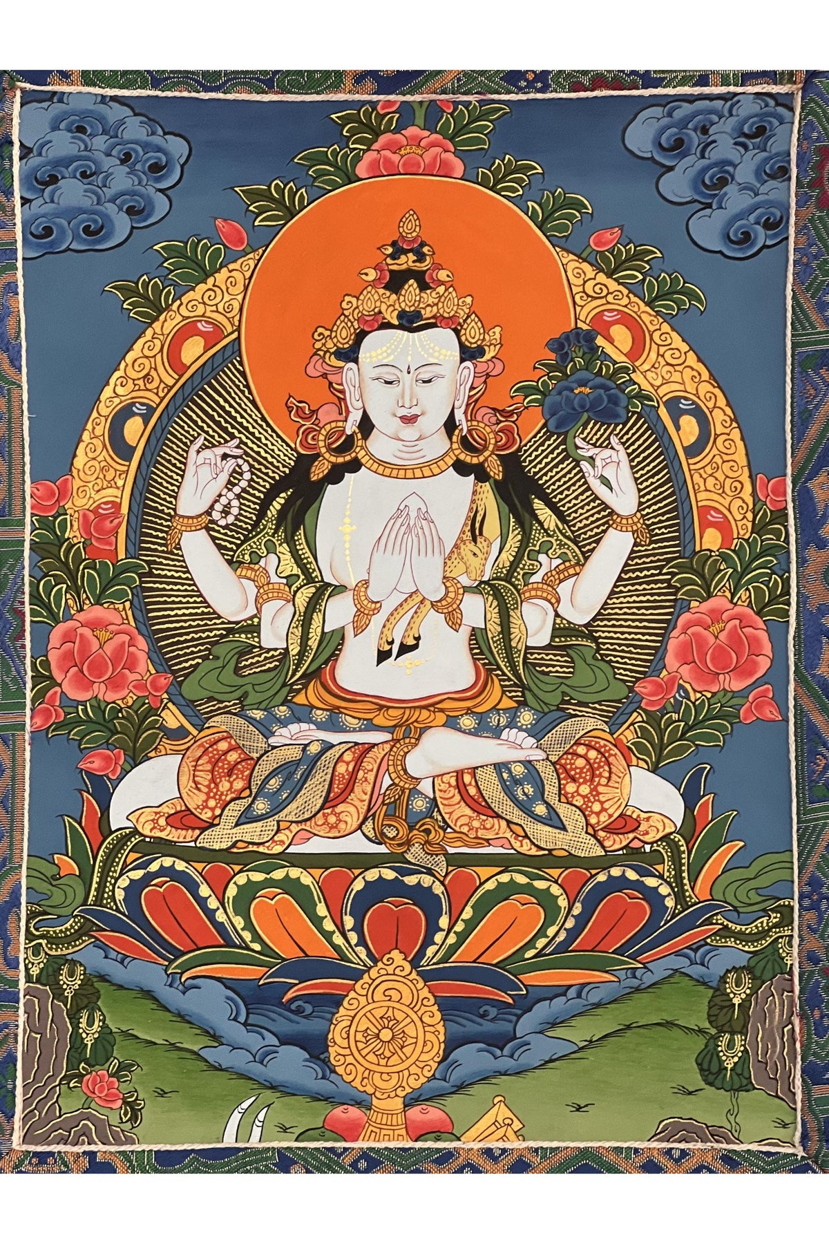 Hand-Painted Chenrezig Thangka | Avalokiteshvara Tibetan Art with Khadi Silk Brocade