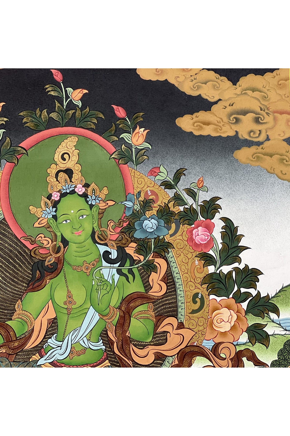 Green Tara Thangka Painting, 24k Gold Tibetan Art, Hand-Painted Masterpiece