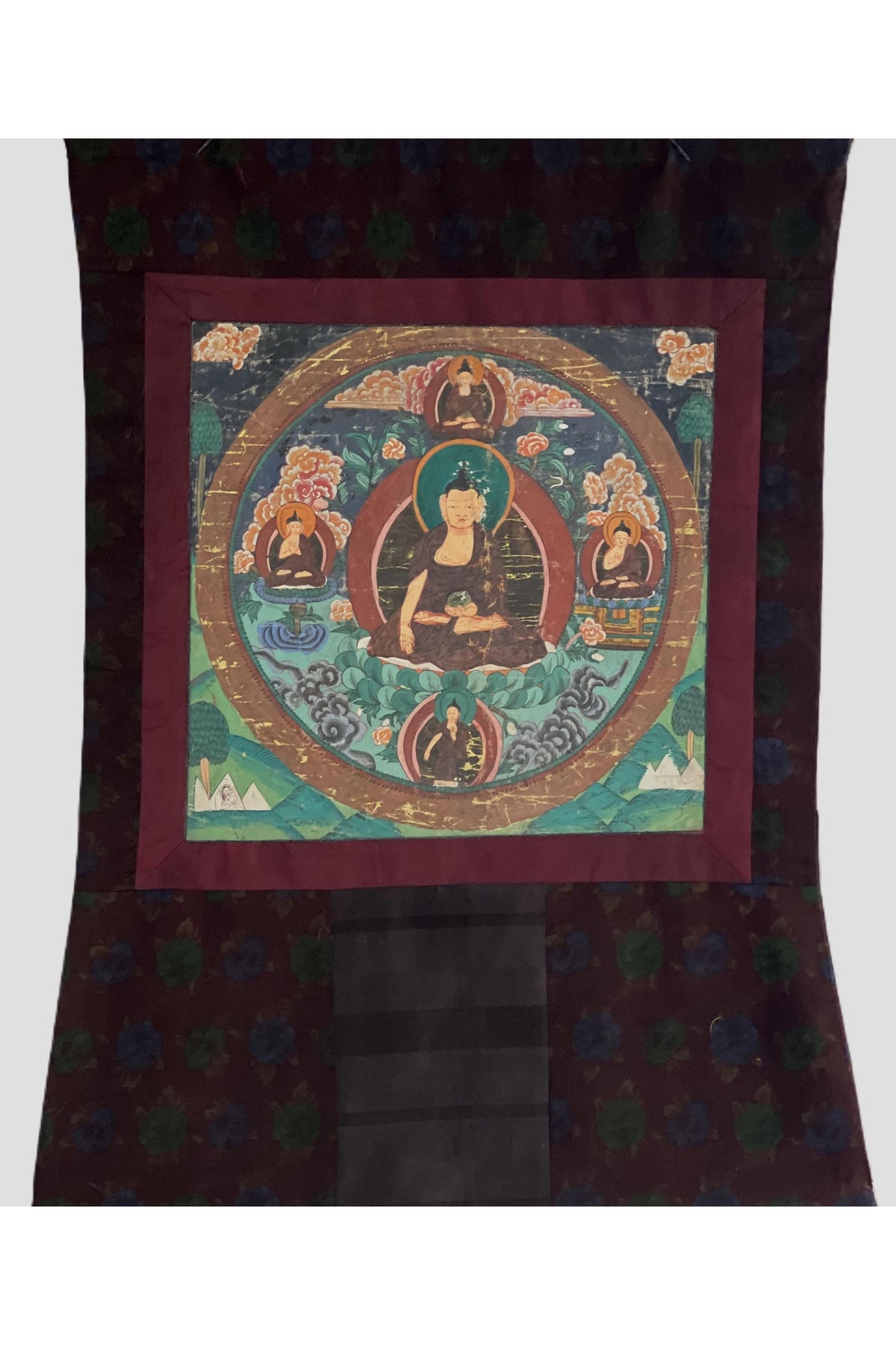 Old Buddha Life Mandala Thangka | Hand-Painted Tibetan Art Narrow Border (Antique Style)