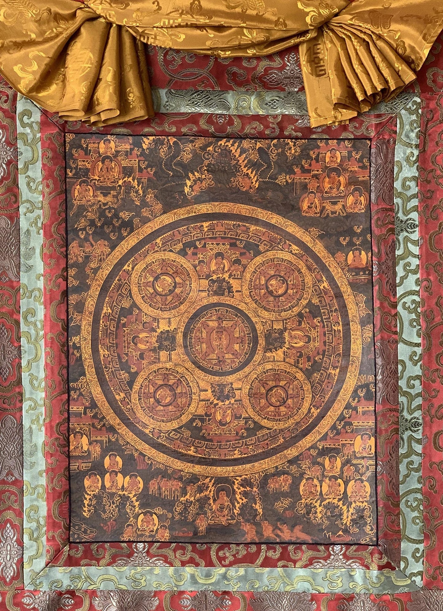 Hand-Painted Five Buddha Mandala Oil Varnished Thangka with Silk Brocade